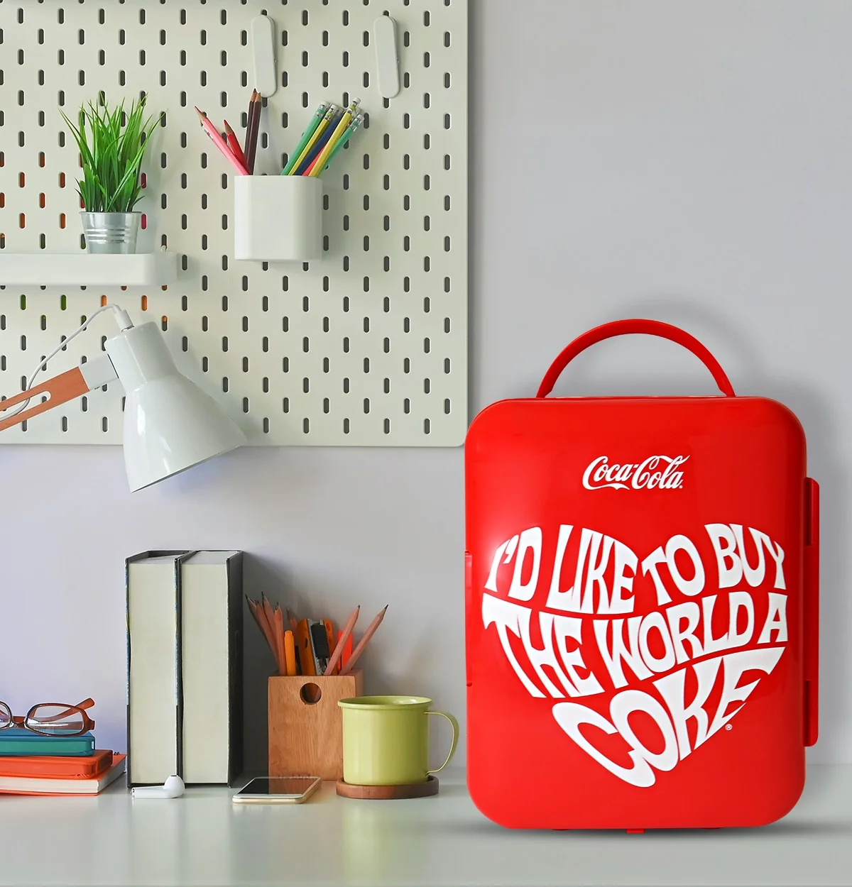 Coca-Cola Smile 1971 Series Portable 6 Can Thermoelectric Mini Fridge Cooler/Warmer, 4 L/4.2 Quarts Capacity, 12V DC/110V AC for Home, Dorm, Car, Boat, Beverages, Snacks, Skincare, Cosmetics, Medicine