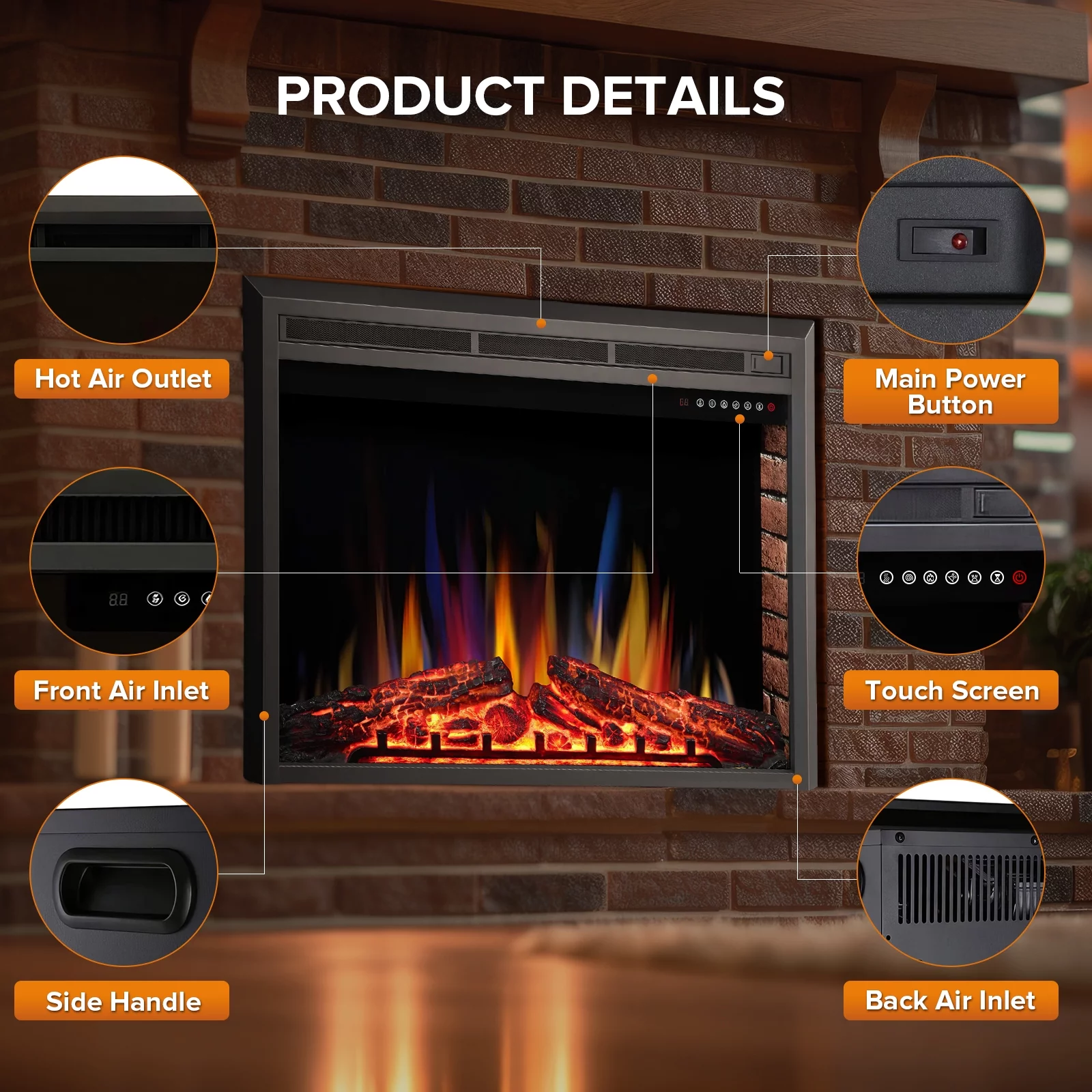 KISSAIR 39 inch Insert Electric Heater with Touch Screen, Colorful Flame & Timer Control, 750W-1500W and Classic Black