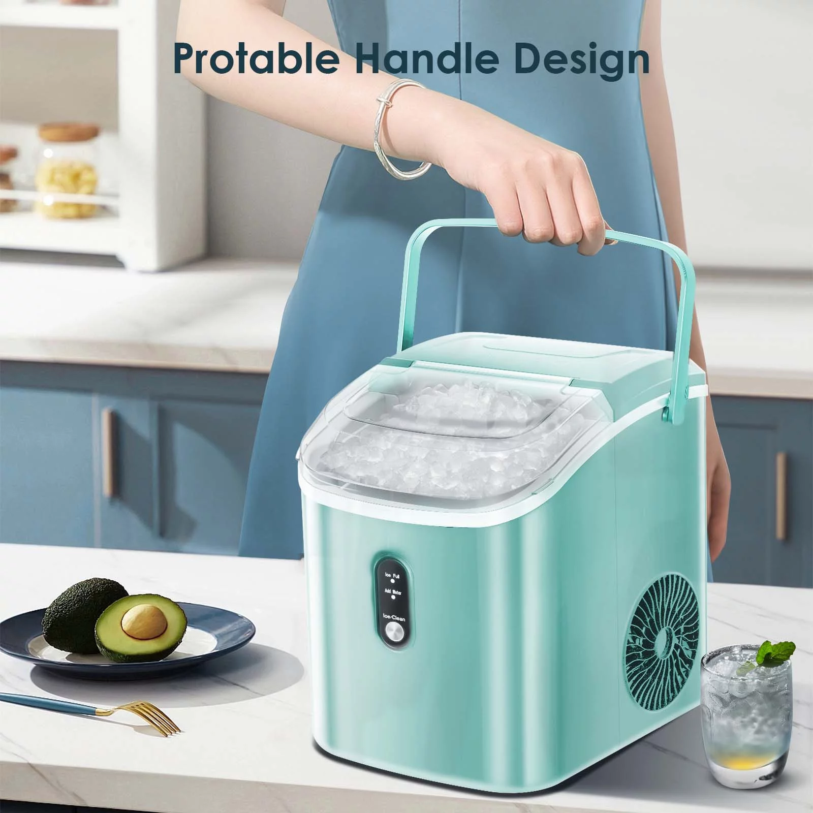 Auseo Nugget Ice Maker Countertop, 33lbs/24H, Self-Cleaning Function, Portable Ice Machine for Home/Office/Party- (Green)