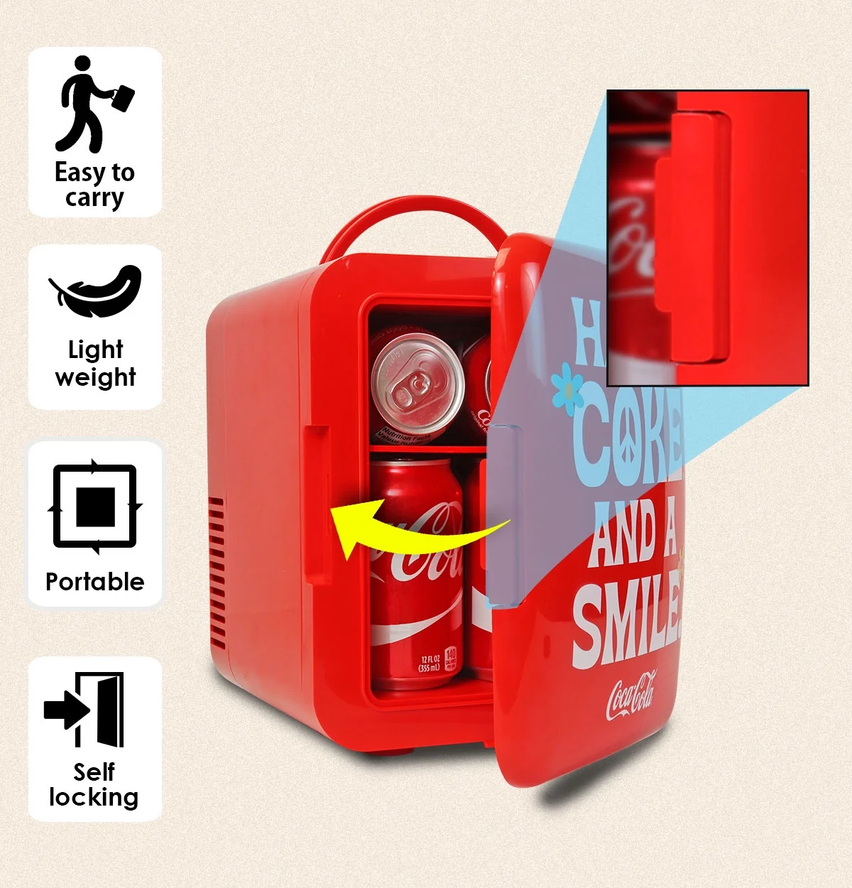 Coca-Cola Smile 1971 Series Portable 6 Can Thermoelectric Mini Fridge Cooler/Warmer, 4 L/4.2 qt Capacity, 12V DC/110V AC