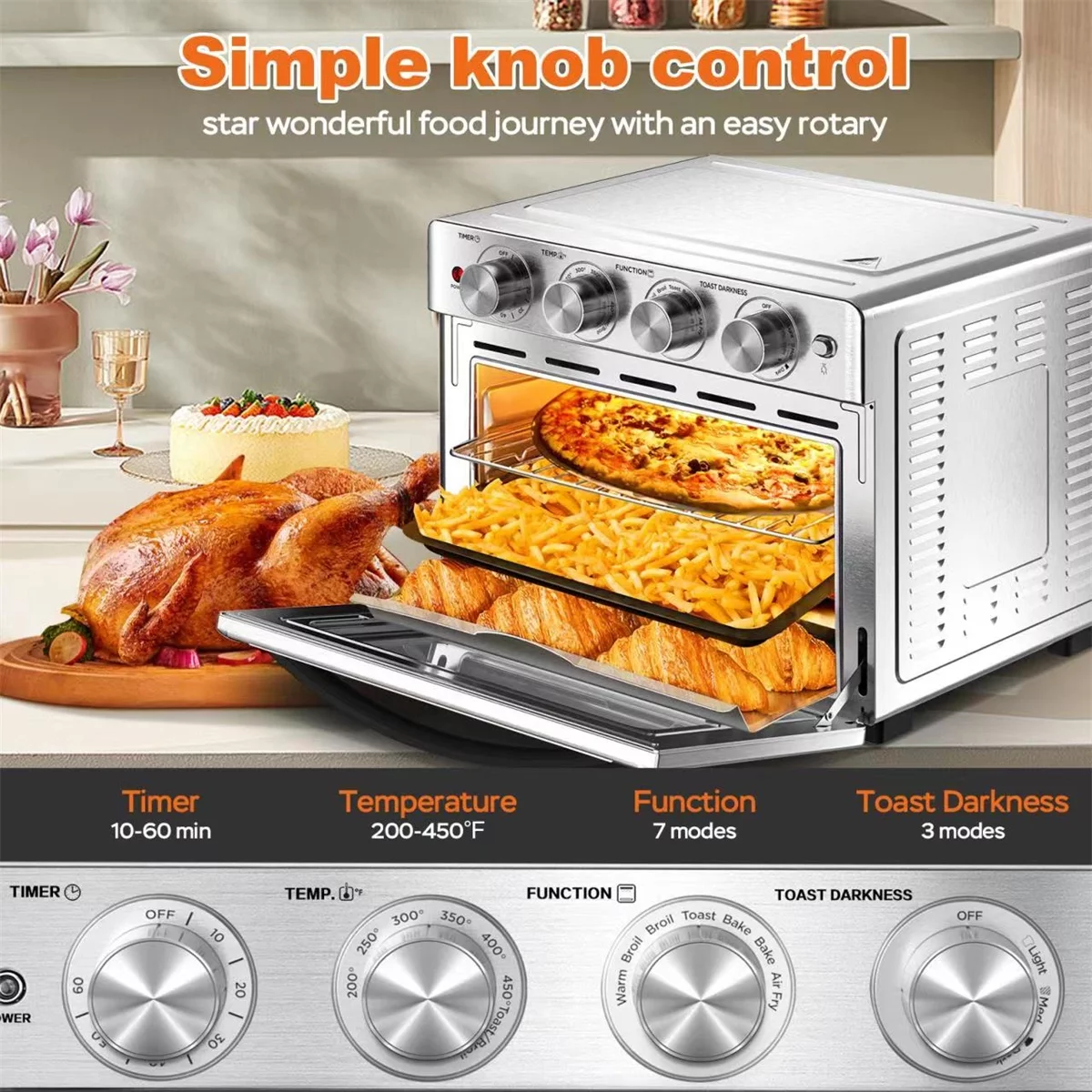 26 Quart Air Fryer, 7-in-1 Large Air Fryer Oven Toaster Combo w/ 60 Minute Timer , Convection Oven Countertop, 7 Presets w/ Accessories, UL Certified, Nonstick, Accessories Included, 1700W, Silver