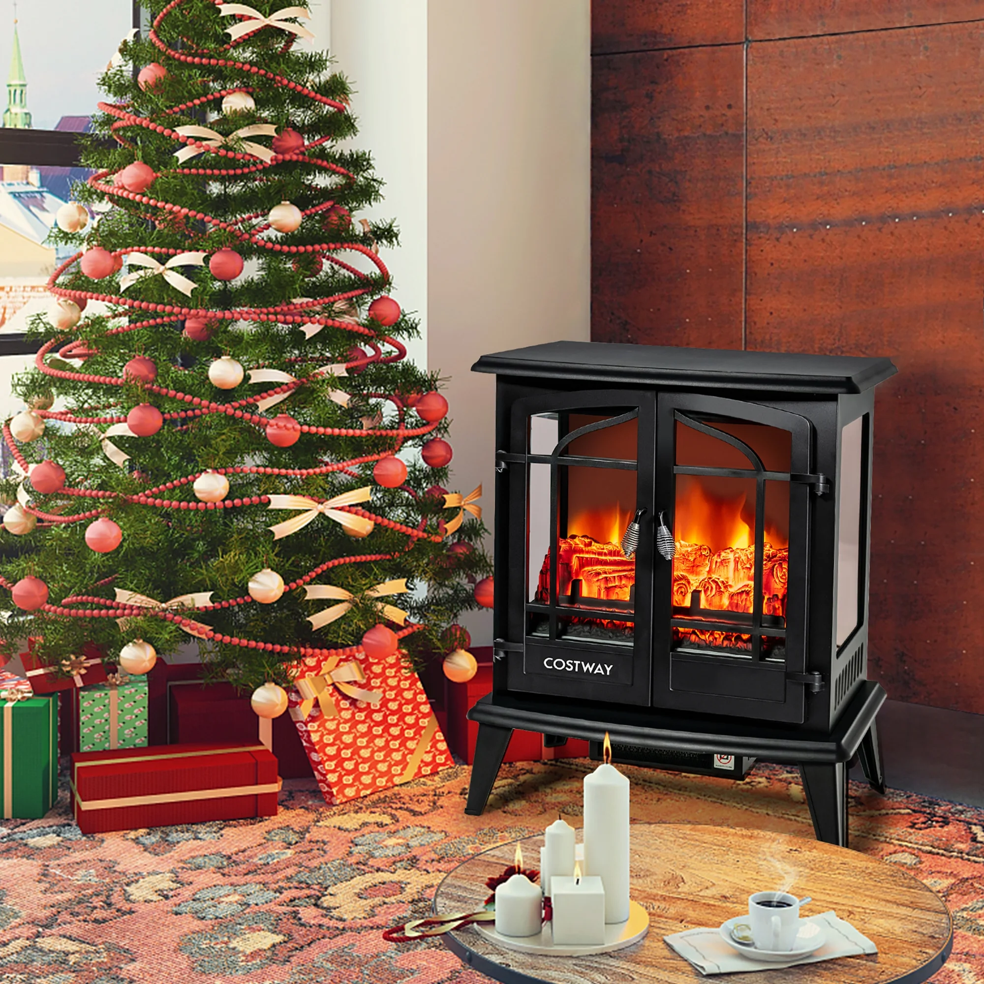 Costway 25'' Freestanding Electric Fireplace Heater Stove W/ Realistic Flame effect 1400W
