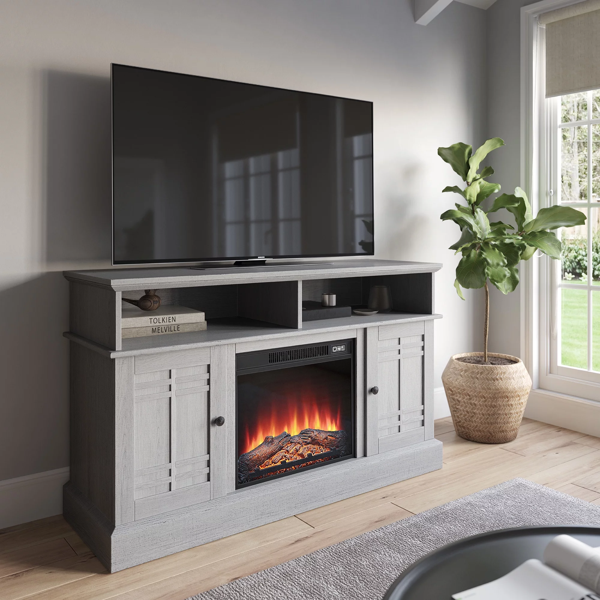 BELLEZE 48' TV Stand Entertainment Center For TVs up to 50' w/ Fireplace - Norrell (Sargent Oak)