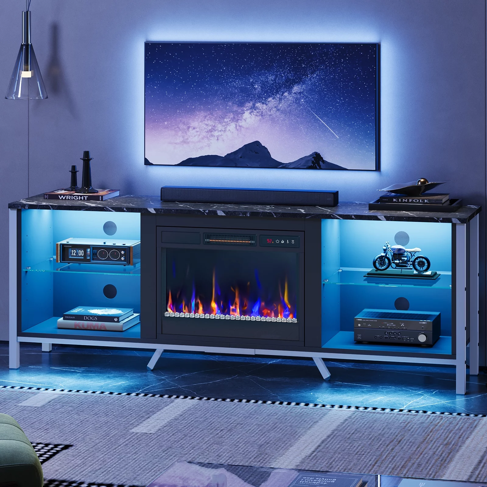 Bestier 70' Electric Fireplace TV Stand for TVs up to 80' LED Entertainment center with 23' Fireplace, Black Marble