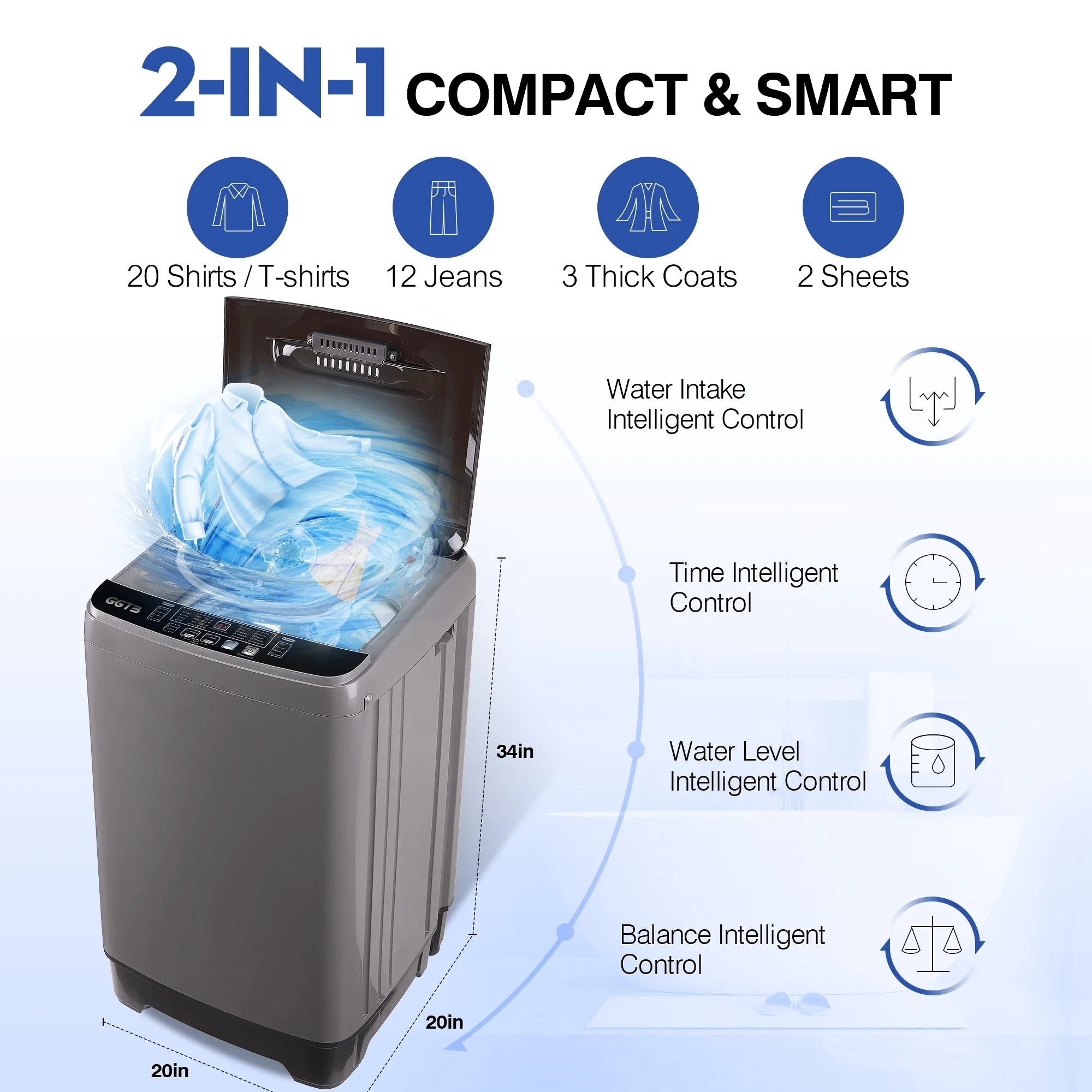 GGTB Portable Washing Machine for Apartments, 17.7 lbs Full Automatic Clothes Washing Machine,1.9 Cu.ft Top Load Washer with 10 Wash Programs/8 Water Levels, Grey