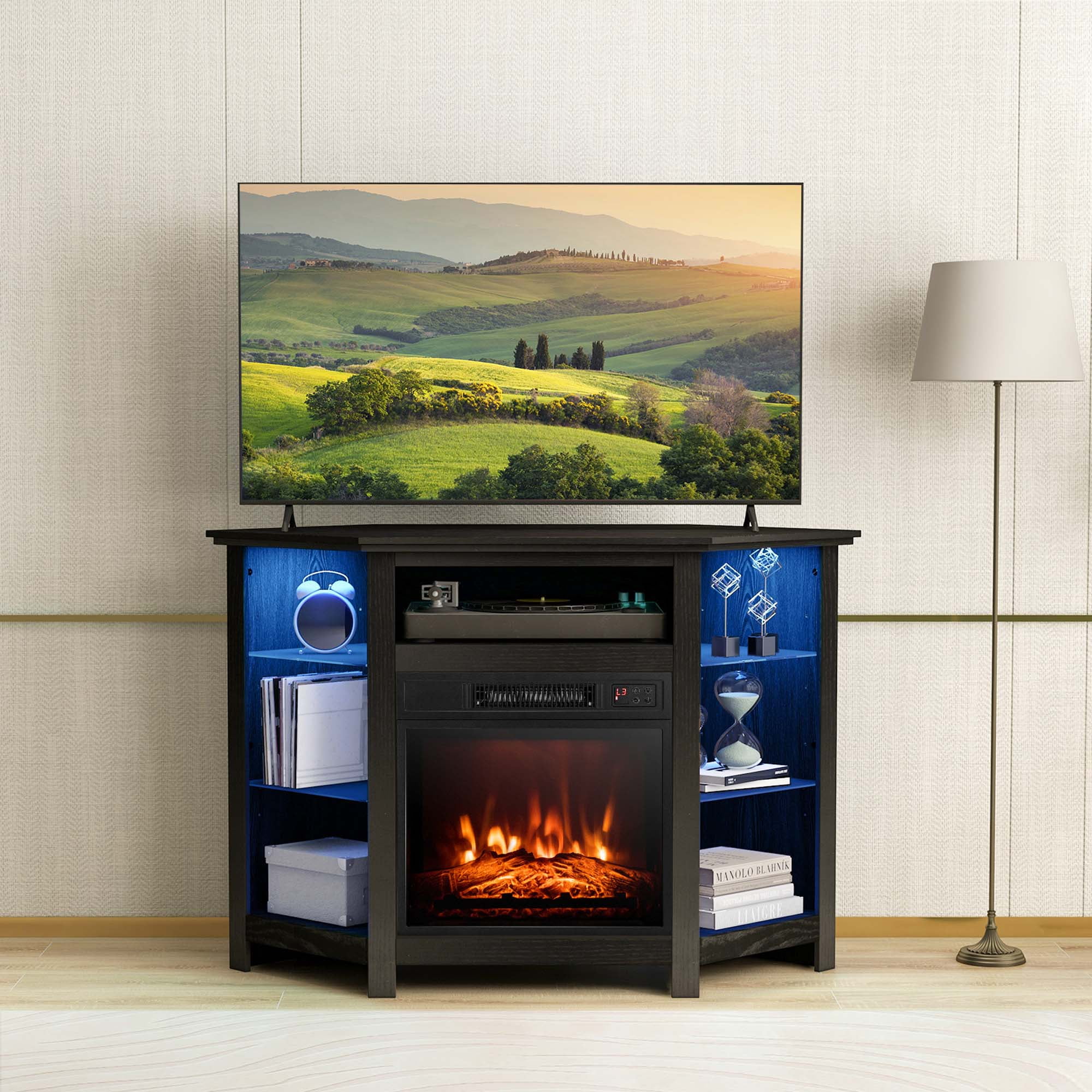 Costway Fireplace TV Stand w/ Led Lights & 18' Electric Fireplace for Tvs up to 50' Black