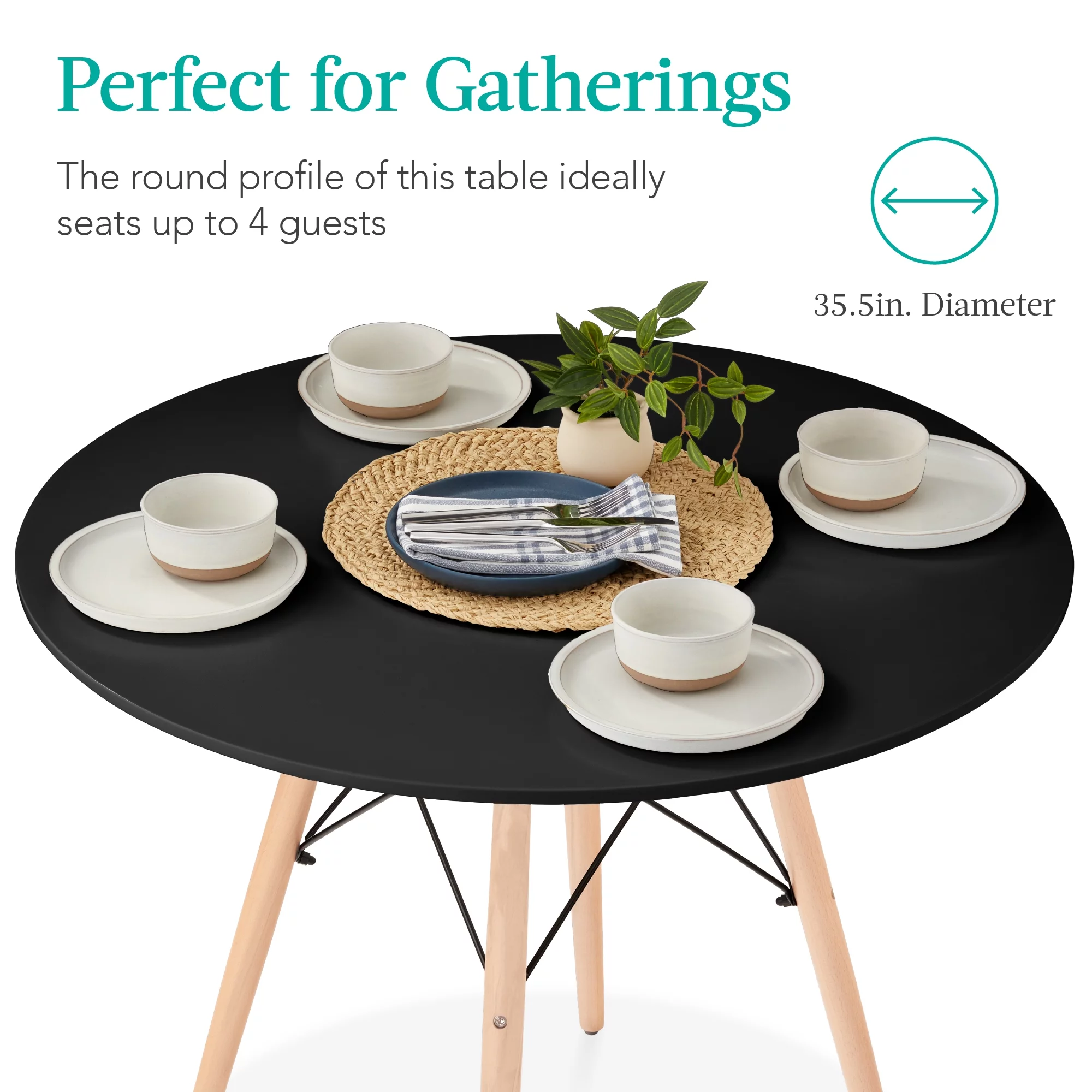 Best Choice Products 35.5in Round Compact Mid-Century Modern Dining Table w/ Beech Wood Legs, Metal Frame - Black