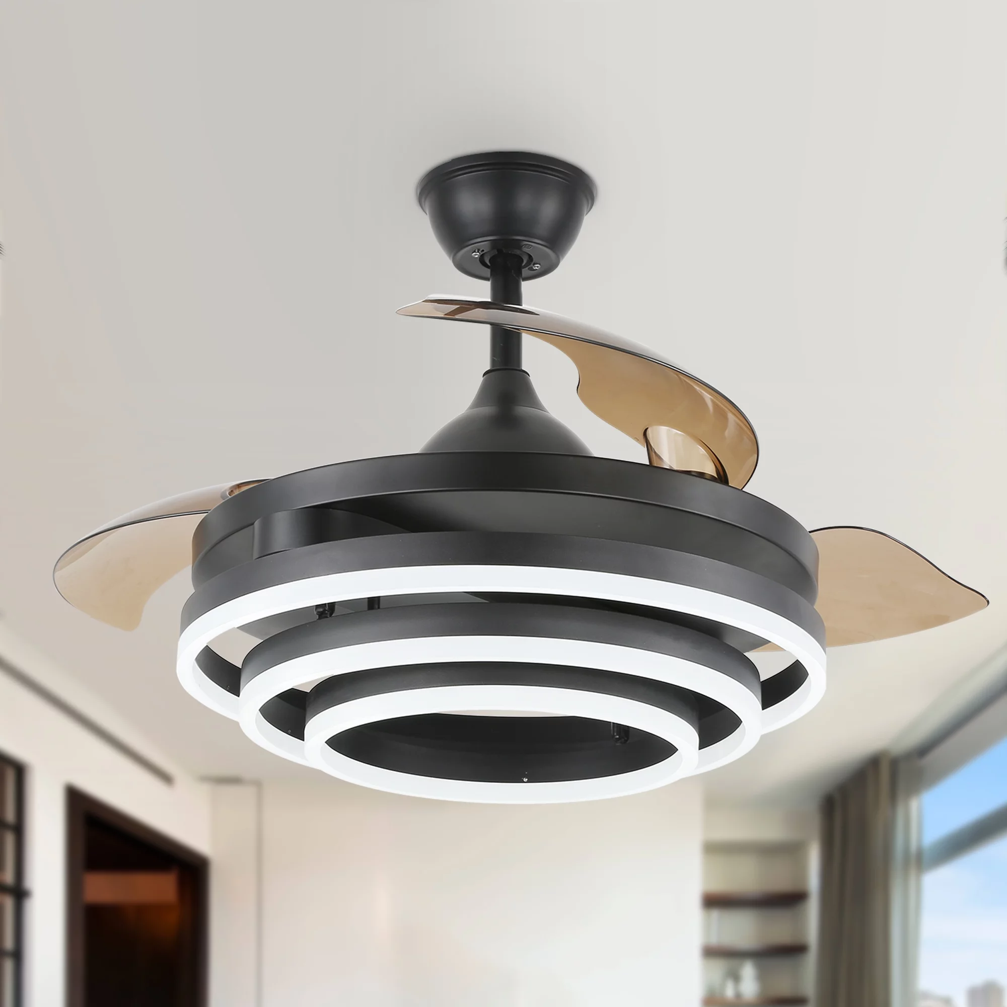45W LED Retractable Ceiling Fan with Dimmable Remote Control, 42inch Black DIY Shape Reversible Ceiling Fan with 6-Speed and 3 Light Color