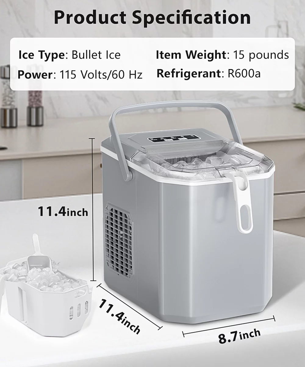 Besttey Countertop Ice Maker, 26lbs/Day, 2 Ice Sizes(S/L), Self-Cleaning w/ Ice Scoop and Basket, Handheld Ice Maker, Gray