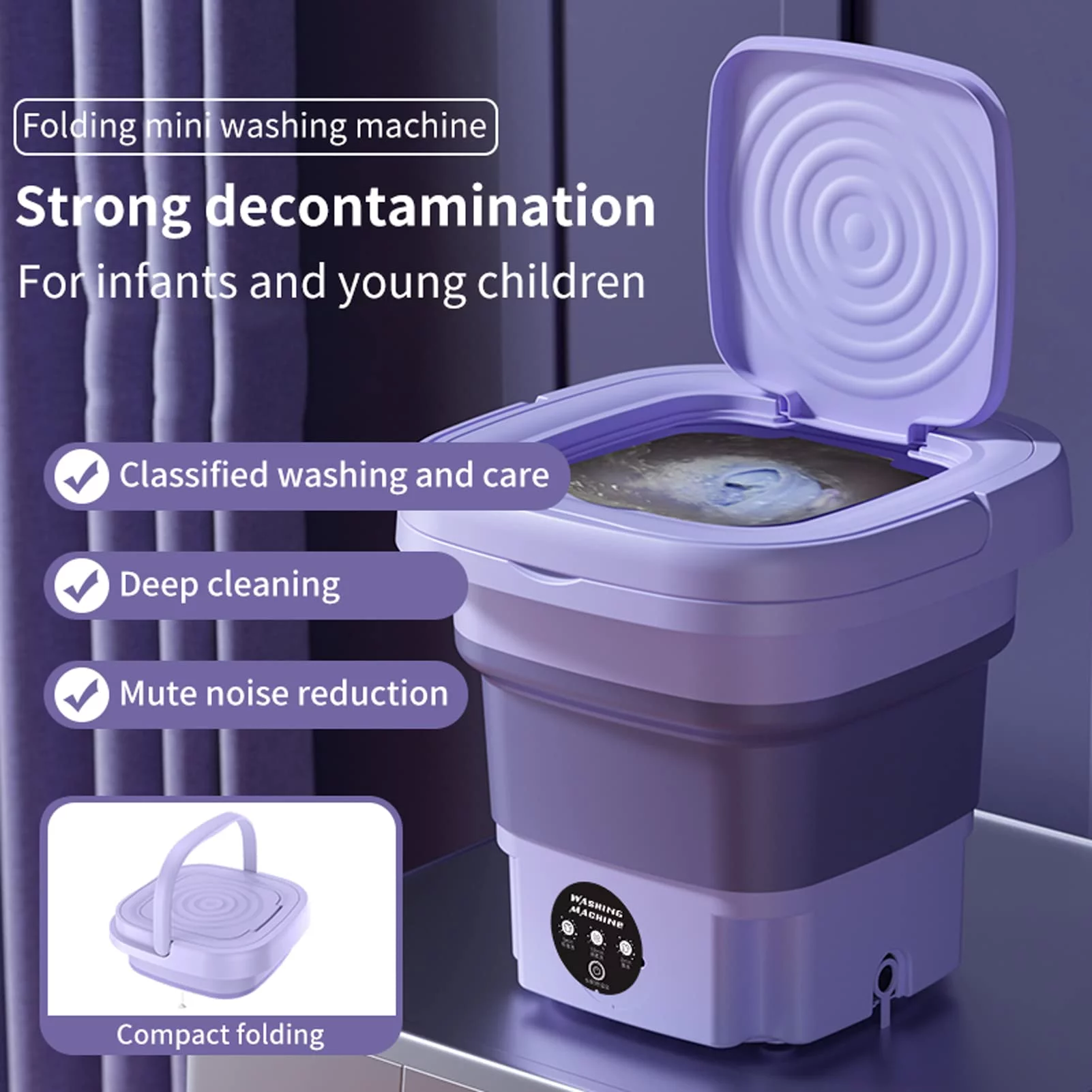 Anvazise Washing Machine(8L),Blue Light Drain Basket Intelligent Imitation Hand Washing 3 Levels Timing Vibration Wave Folding Laundry Tub Suitable for Socks, Baby Clothes, Towels--1 Set Green