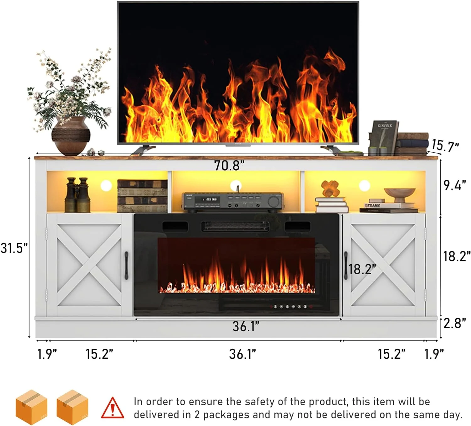 ChVans 70' Fireplace TV Stand for TVs up to 80' with 36' Electric Fireplace, Farmhouse Entertainment Center with LED, Wooden Media Console for Living Room, Bedroom(White)