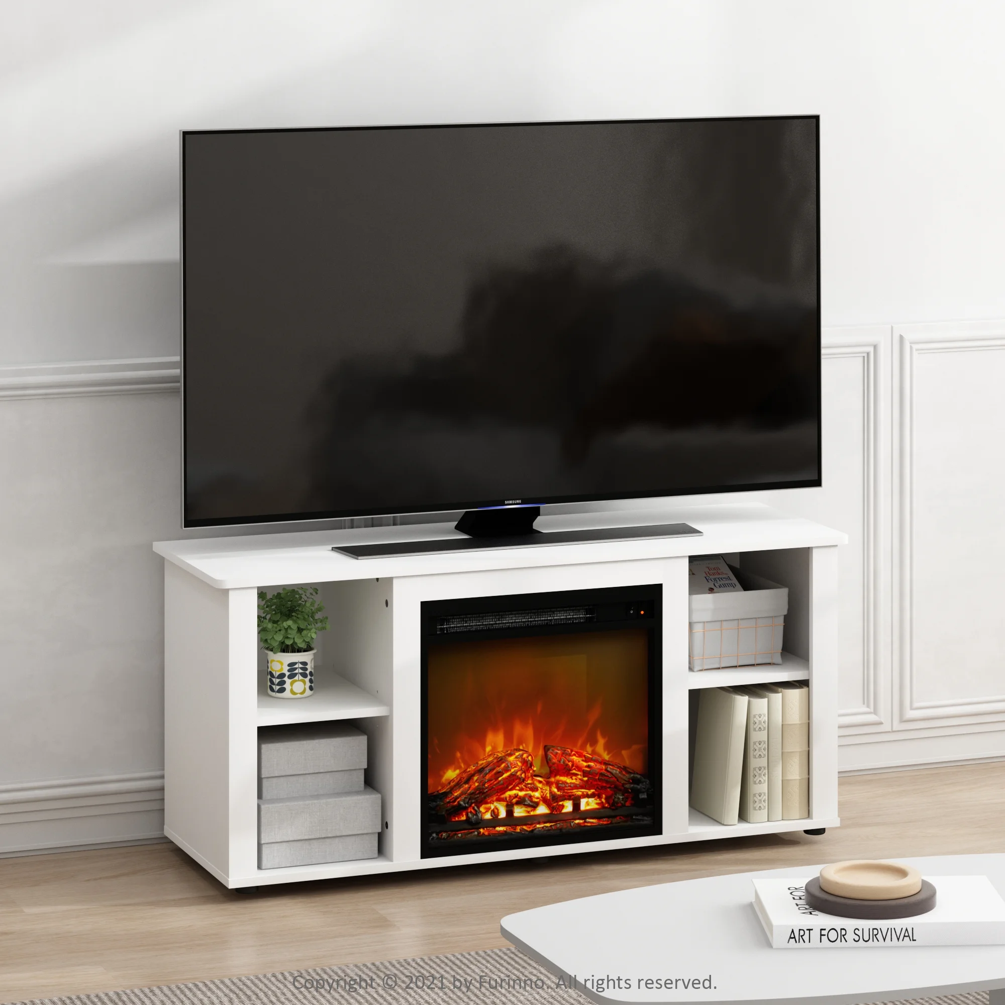 Furinno Jensen Fireplace TV Stand for TVs up to 55 , Solid White