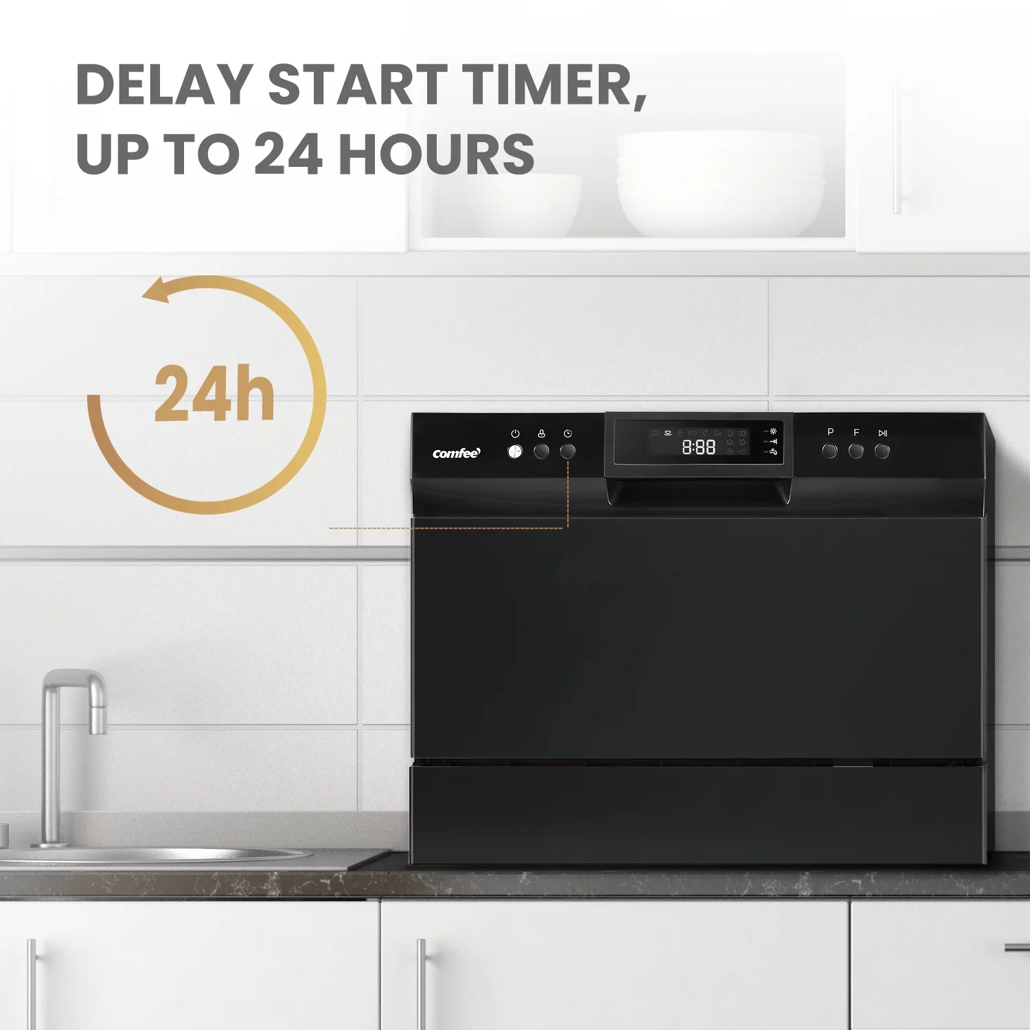 Comfee 6-Place Setting EnergyStar Compact Countertop Dishwasher with 8 Cleaning Settings, CDC22P1ABB, Black