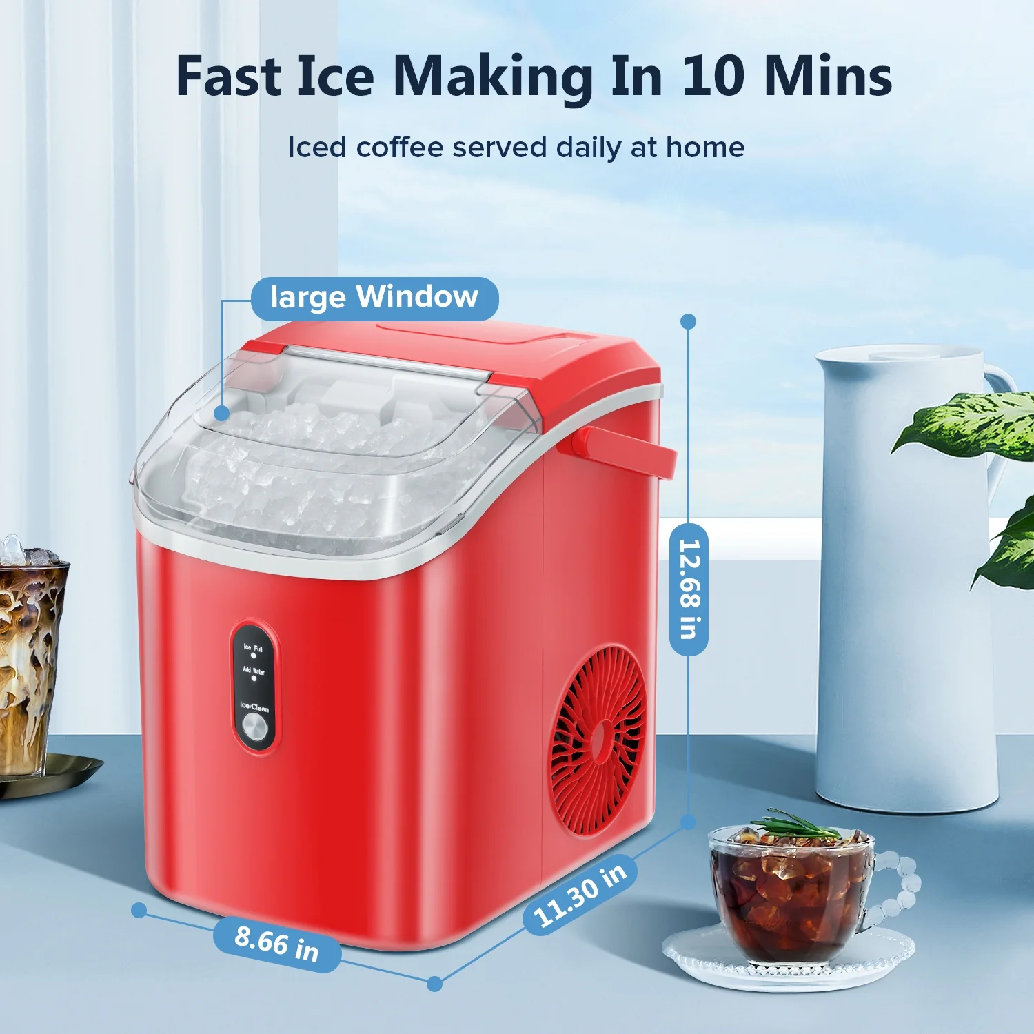 Auseo Nugget Ice Maker Countertop with Soft Chewable Pellet Ice, 34lbs/24H, Self-Cleaning, Sonic Ice Machine for Kitchen/Office/Party-RED