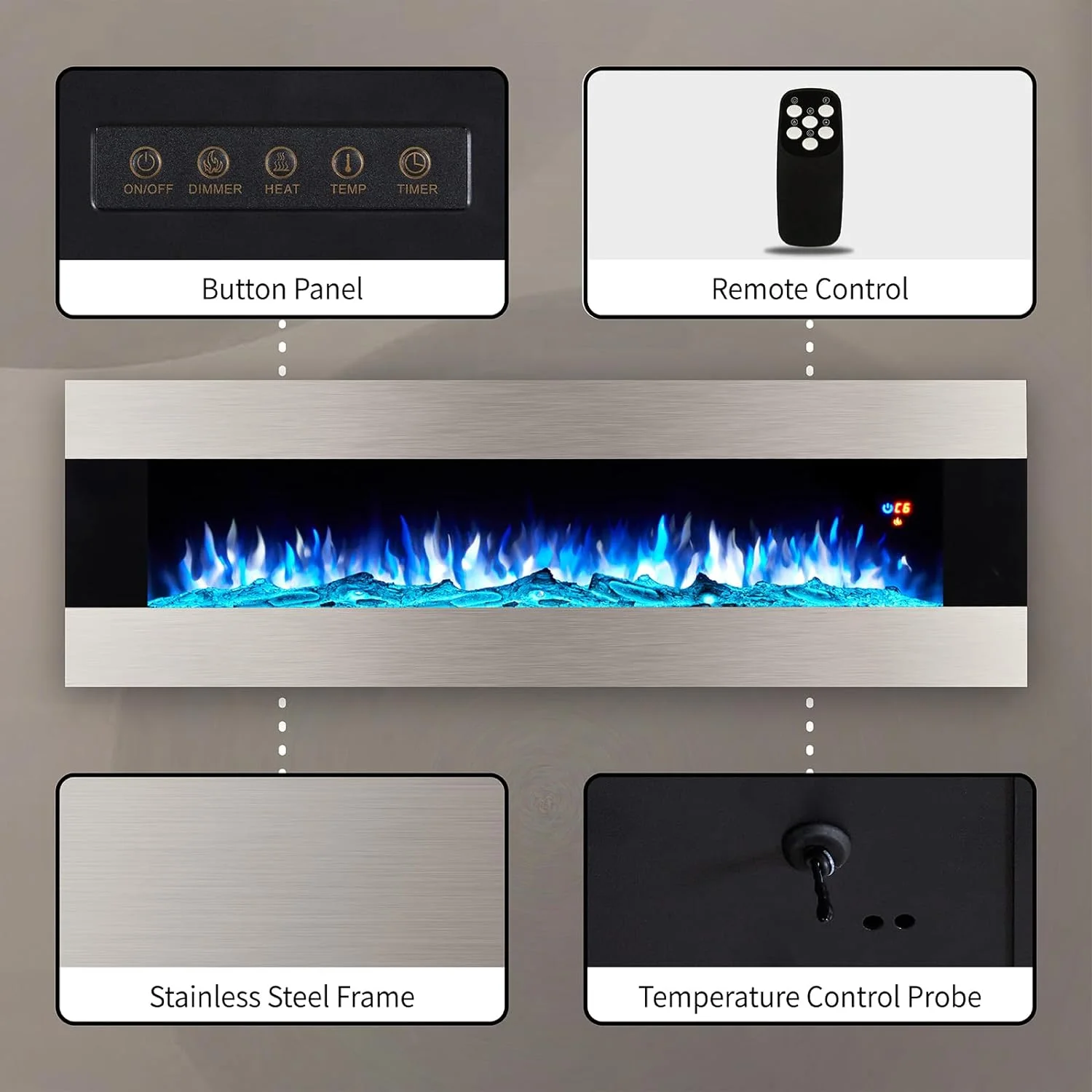 AMERLIFE 60' Wall Mounted Electric Fireplace, Stainless Steel Frame, Black