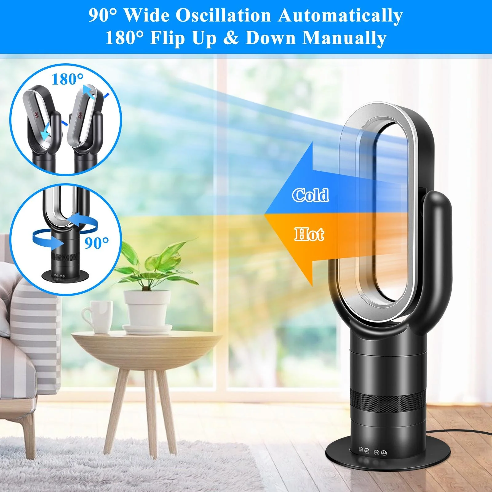 Glavbiku New Bladeless Tower Fan,Heater & Cooling Combo with Remote for Home,Black,26in H