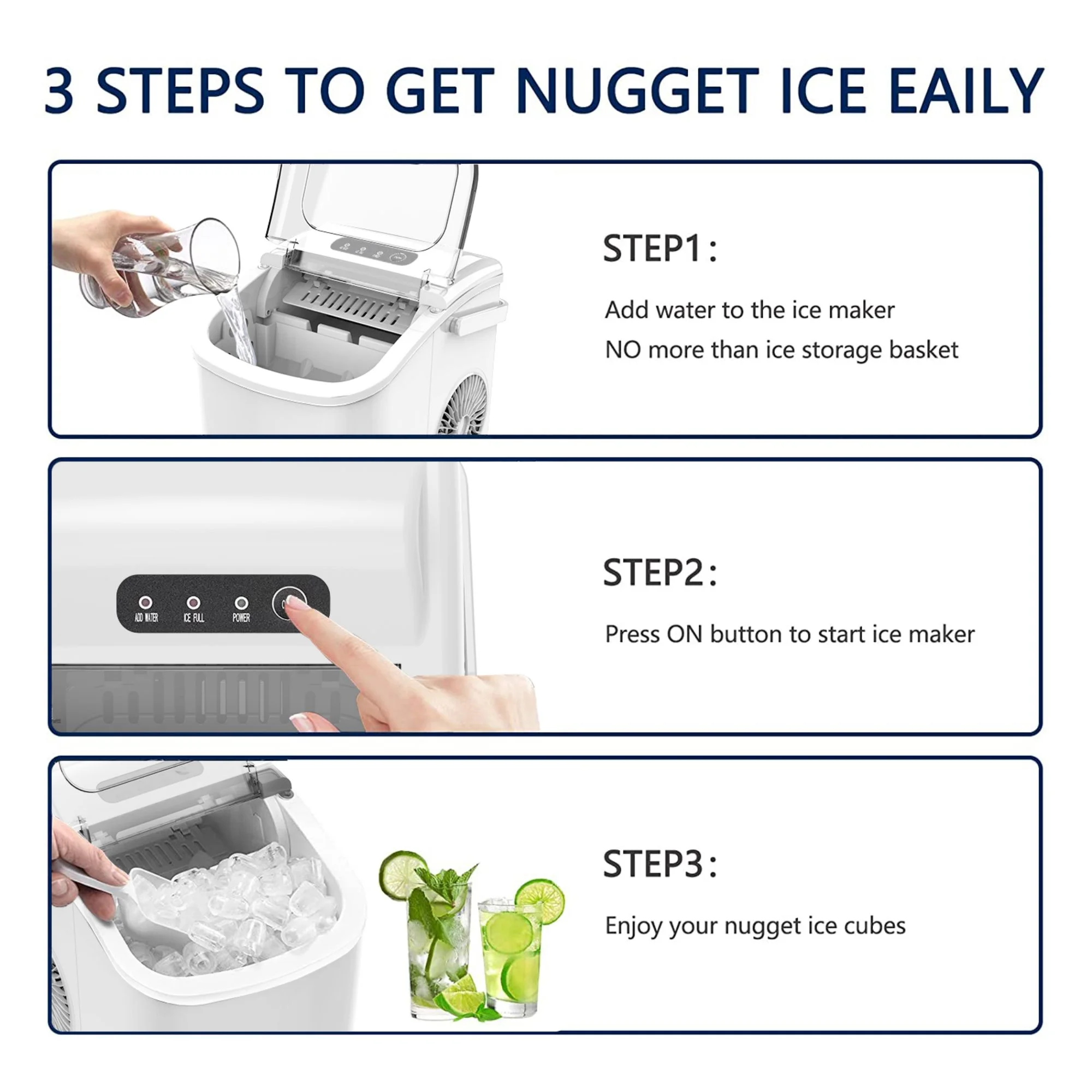 Besttey 26 lbs/24H Countertop Ice Maker Machine, 9 Bullet-Shaped Ice in 6 Min, Auto-Cleaning, White