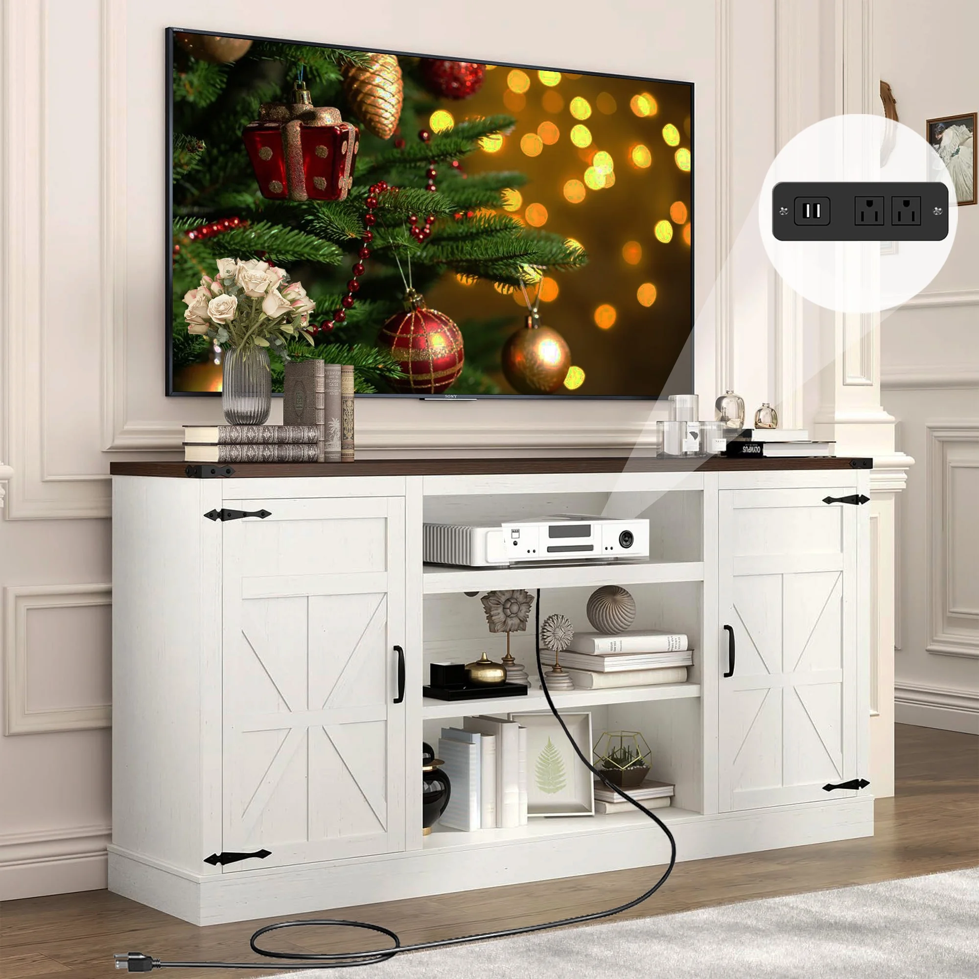 Chvans Farmhouse TV Stand for up 75' TVs with Power Outlet /USB Charging Port, 33'H Entertainment Center TV Console (66')