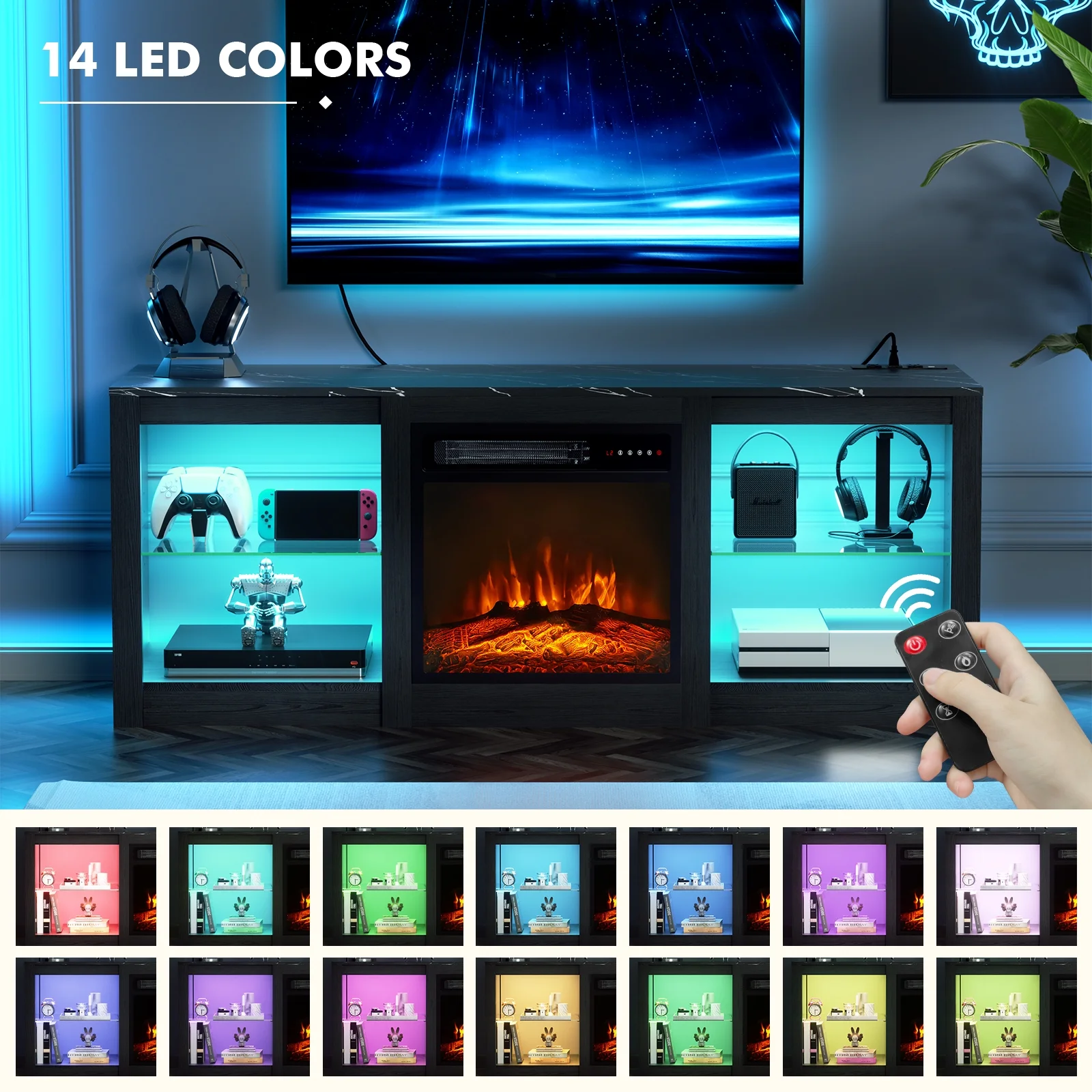 BREEZEHEAT Electric Fireplace TV Stand-Led Entertainment Center-58 inch TV Stand with 23' Electric Fireplace-Living Room Tv Cabinet with Storage for TVs Up to 65, Modern Media Console (Black)