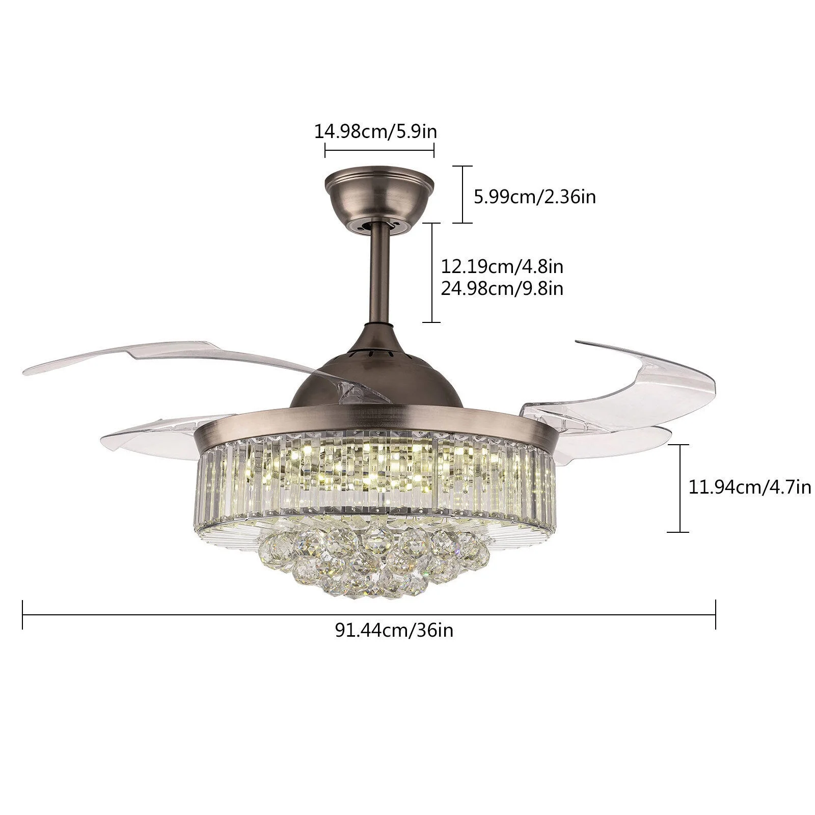 36' Crystal LED Chandelier Invisible Ceiling Fan Light Ceiling Lamp + Remote