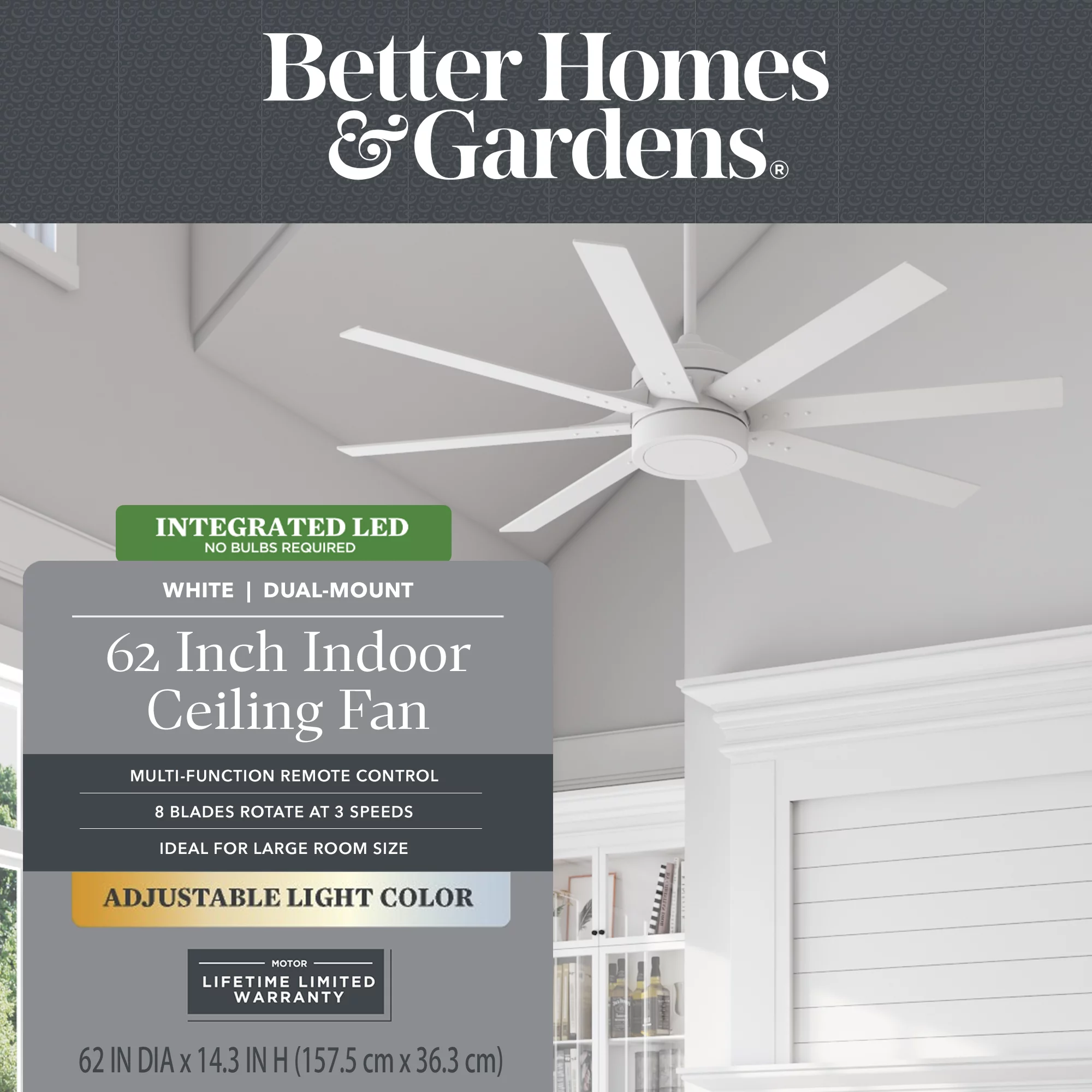 Better Homes & Gardens 62' White Indoor Ceiling Fan with Light, 8 Blades, Remote & Reverse Airflow