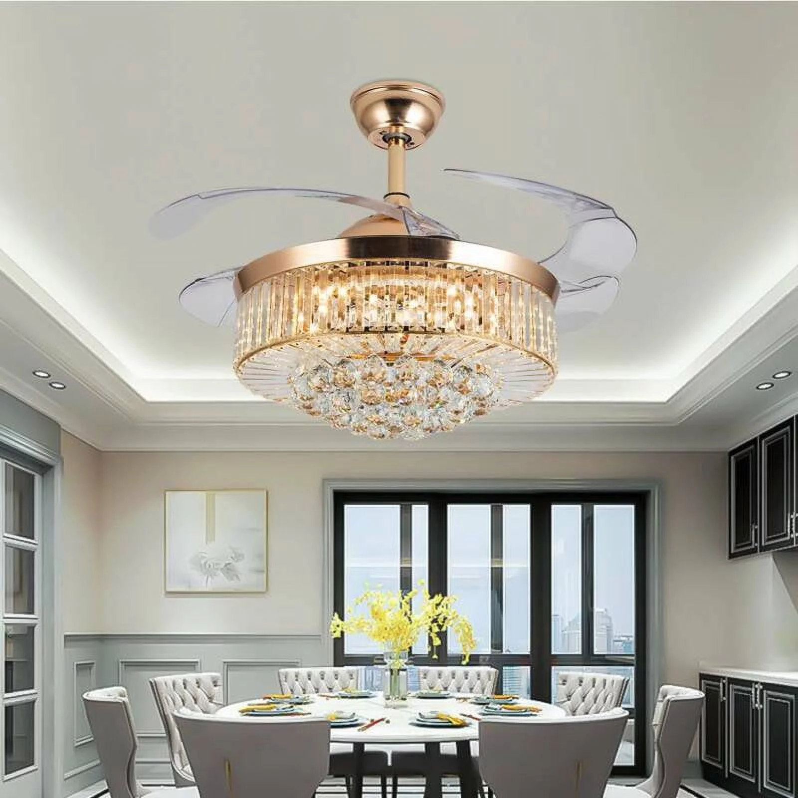 eTeckram 42'Invisible Ceiling Fan Chandelier with Light,Modern Crystal Ceiling Fan Light Remote Control Retractable ABS Blades