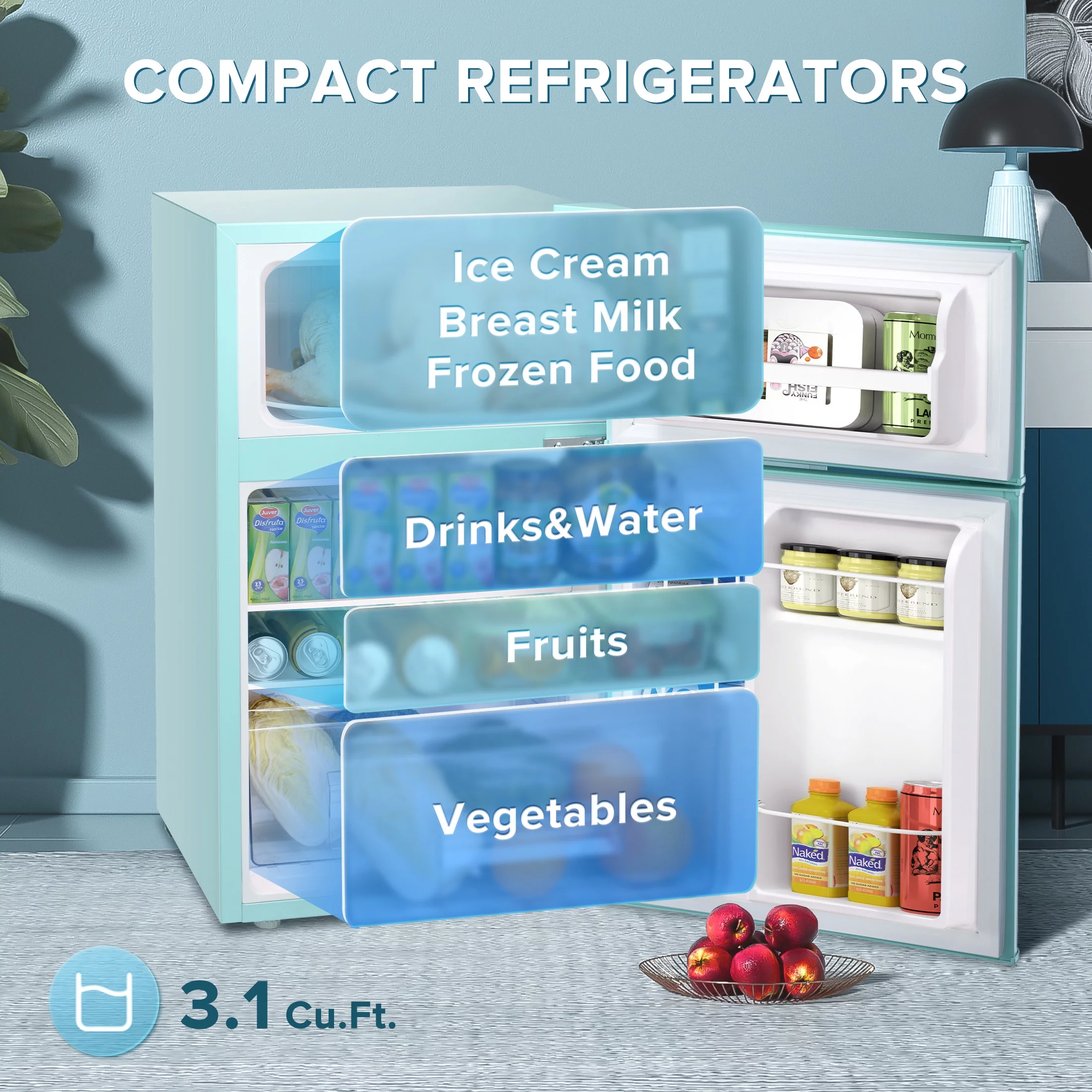 Auseo Two Door Mini Fridge 3.1Cu.ft 115 Volt 60 Hz Low Noise Adjustable Temperature Suitable for Kitchen Living Room Office and Dormitory Green