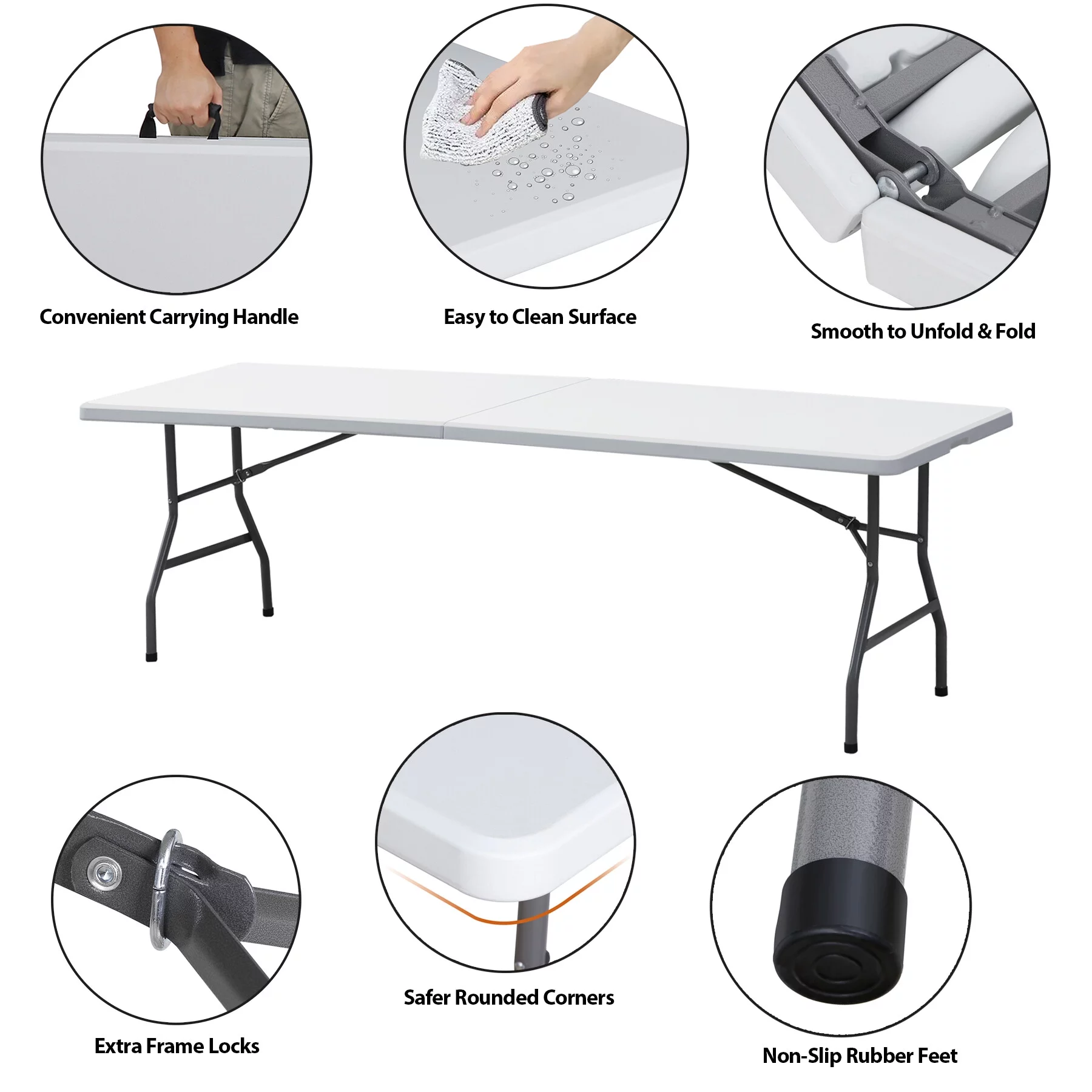 HomGarden 8FT Folding Utility Table Indoor Outdoor Picnic Camping Table W/Handle, White