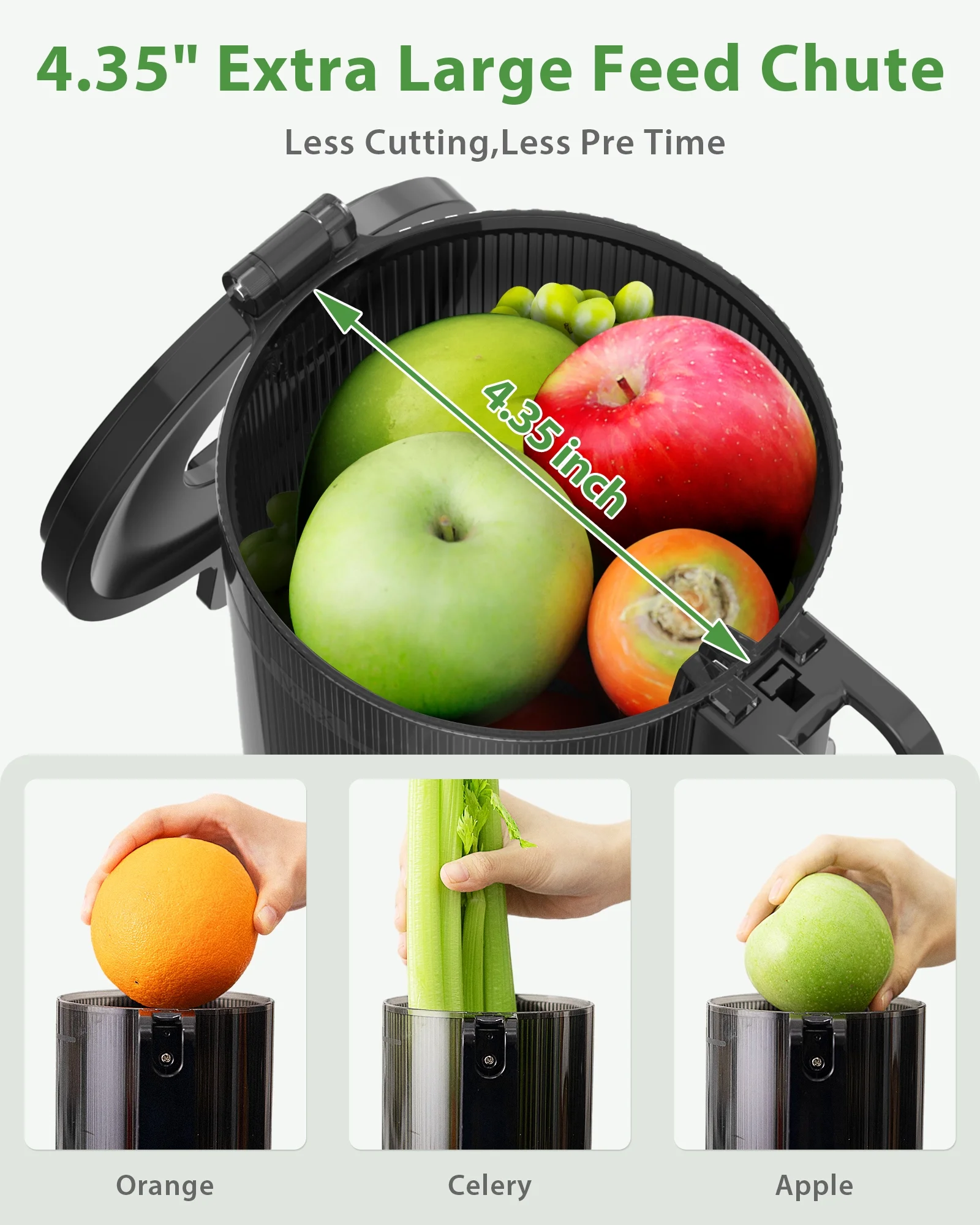 Cold Press Juicer, Juicer Machine with 4.35' Wide Mouth, ECOSELF Slow Masticating Juicer Machine for Fruits and Vegatbles, Whole Fruit Juicer&Juice Maker, High Juice Yield, Easy to Clean, Black