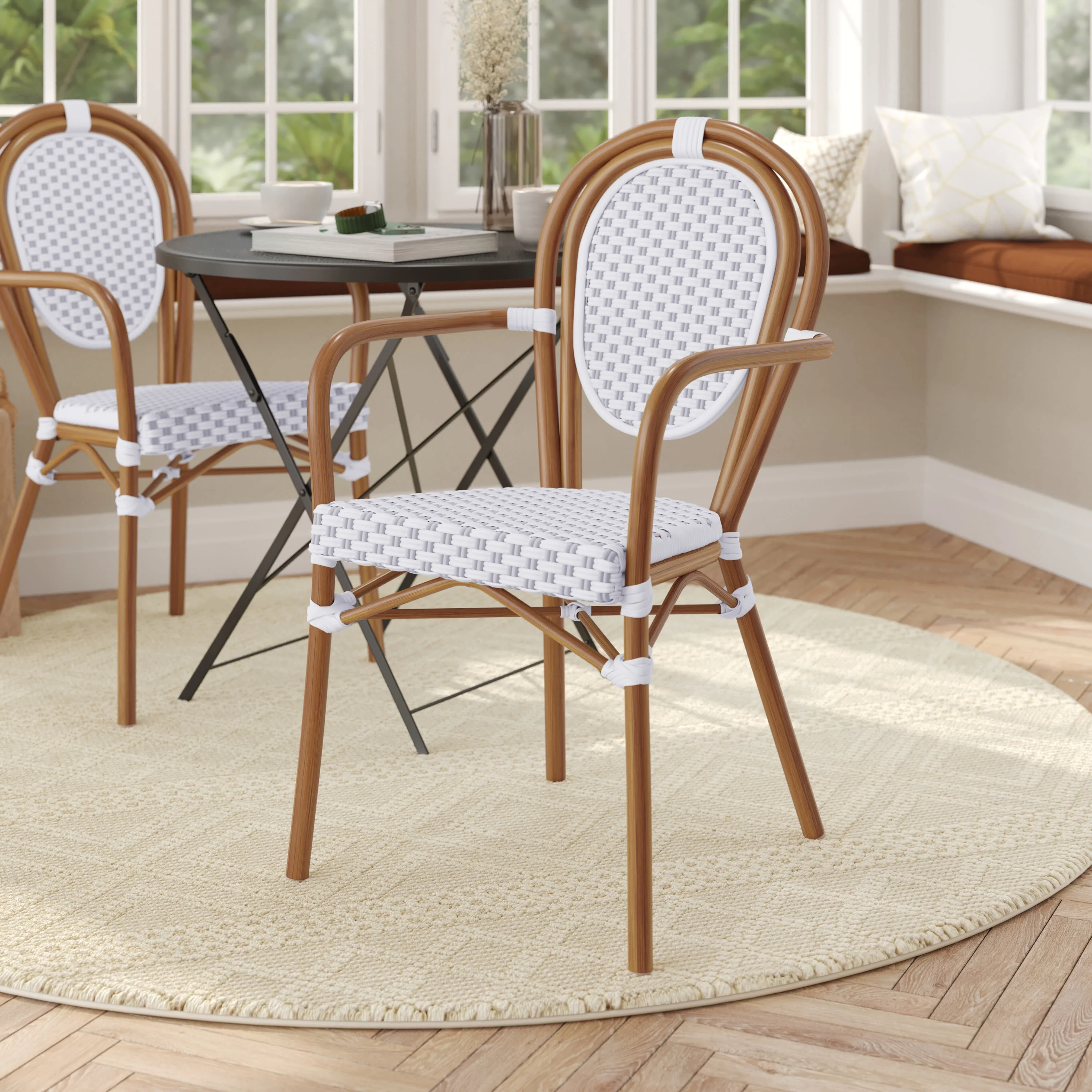 Flash Furniture Indoor/Outdoor Commercial Thonet French Bistro Stacking Chair with Arms, White and Gray PE Rattan and Bamboo Print Aluminum Frame in Natural