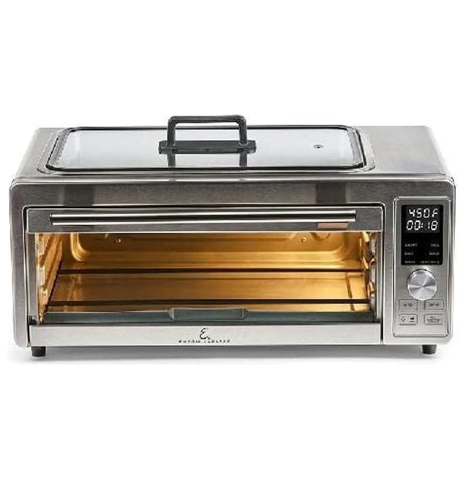 Emeril Power Grill 360, 6-in-1 Countertop Convection Toaster Oven with Top Indoor Grill, Air Fry, Roast, Toast, Bake, Dehydrate, Glass Lid, Stainless Steel