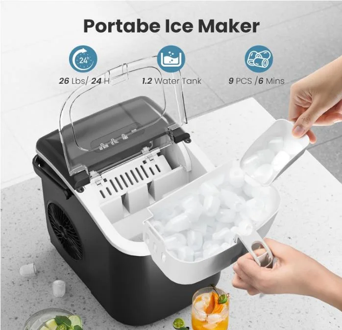 Ice Makers Countertop,Portable Ice Maker Machine with Handle,Self-Cleaning Ice Maker, 26Lbs/24H, 9 Ice Cubes Ready in 6 Mins, with ice Scoop and Basket,for Home/Office/Kitchen (Black)