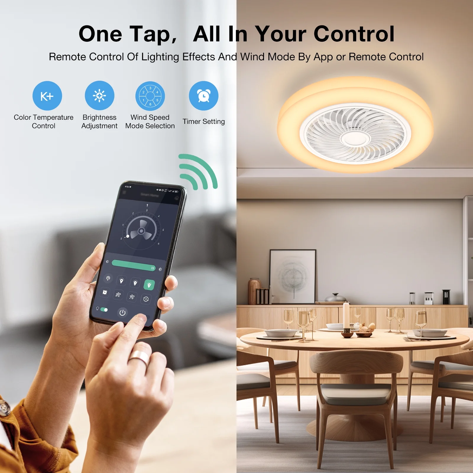 21in Indoor Ceiling Fan with Light ,Remote & APP Control, 3 Colors Lighting and 6 Wind Speeds, Invisible Bladeless Ceiling Fan, Timing Setting