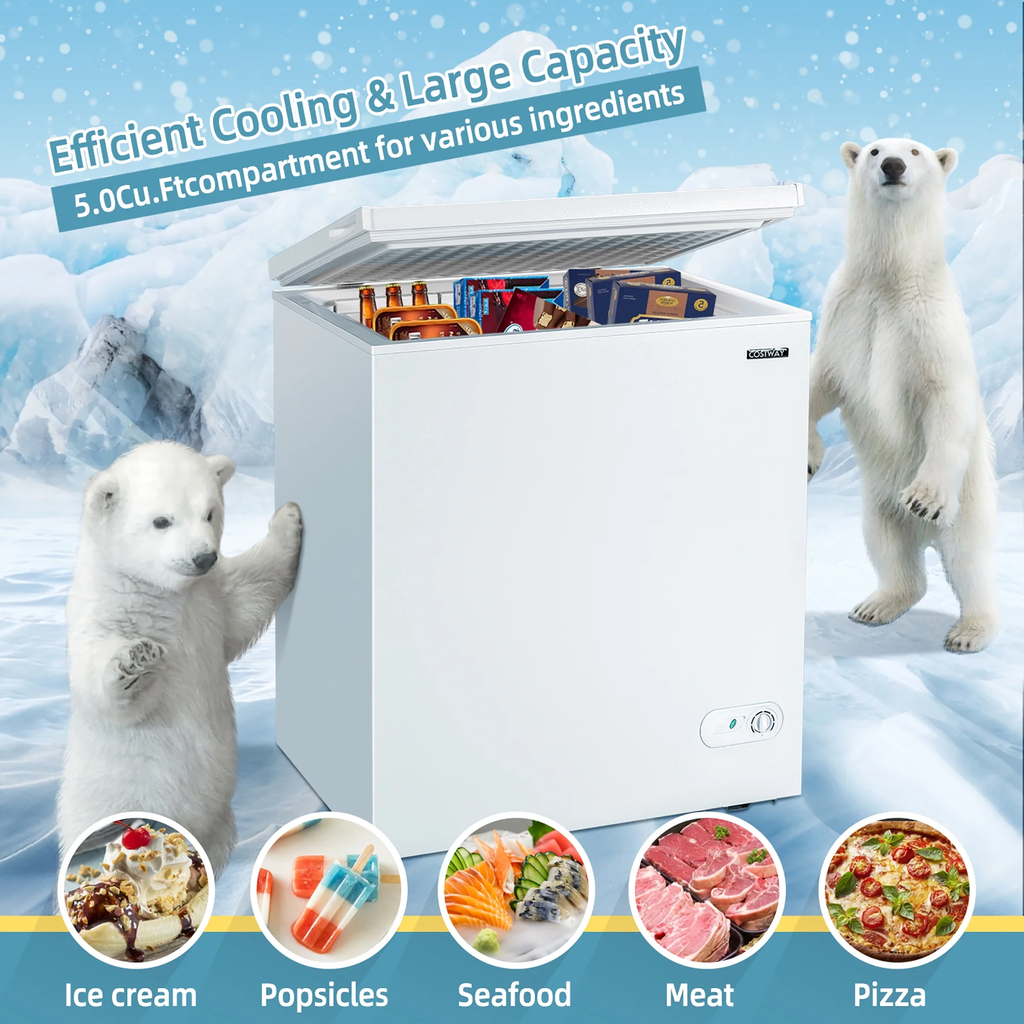 Costway 5.2 Cu.ft Chest Freezer Upright Single Door Refrigerator w/ 3 Baskets