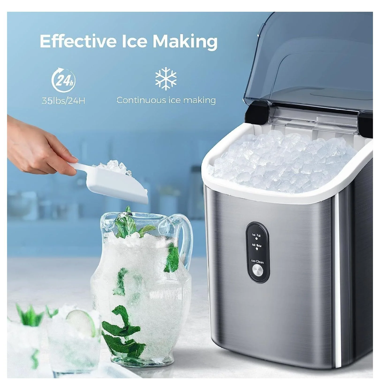 35LBS/Day Nugget Ice Makers Countertop Soft Chewable Pellet Ice Portable silver