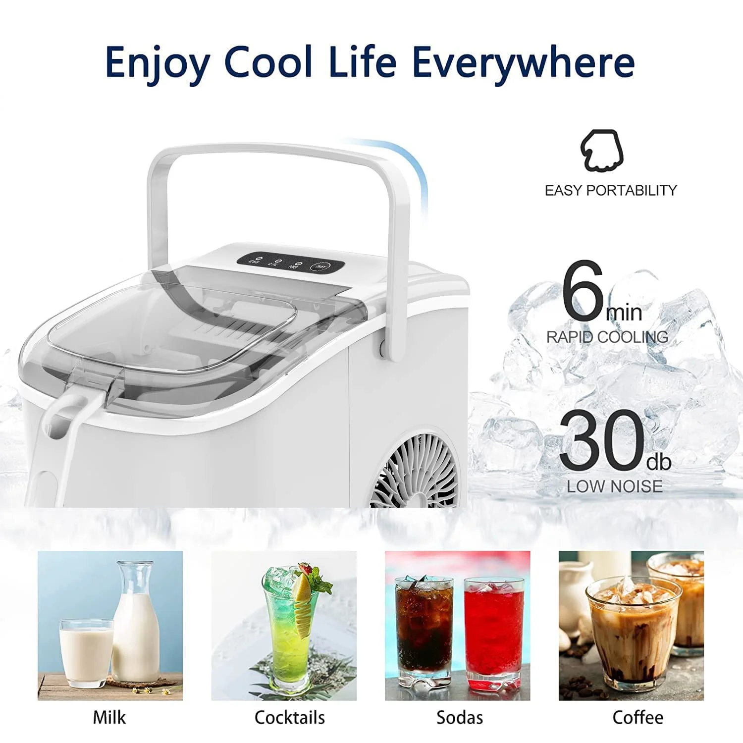 Countertop with Handle,9 Cubes Ready in 6 Mins,26Lbs/24H, Self-Cleaning Portable Ice Machine with Basket and Scoop, for Home/Kitchen, White