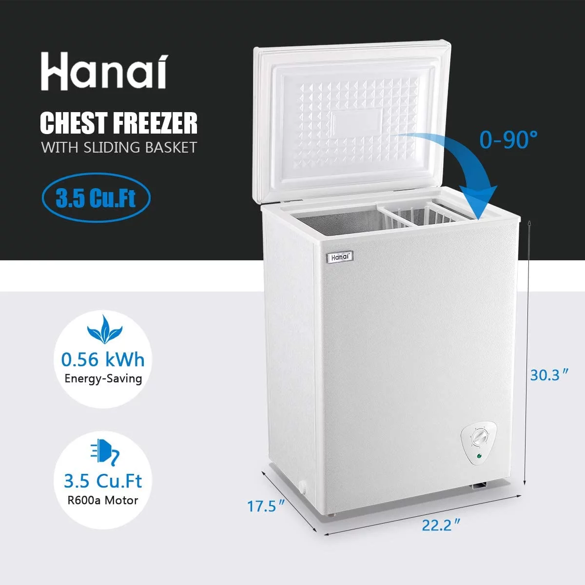 Chest Freezer 3.5 cu.ft Compact Freezer Free-Standing WANAI Top Door Freezer Adjustable 7 Thermostat and Removable Basket, White