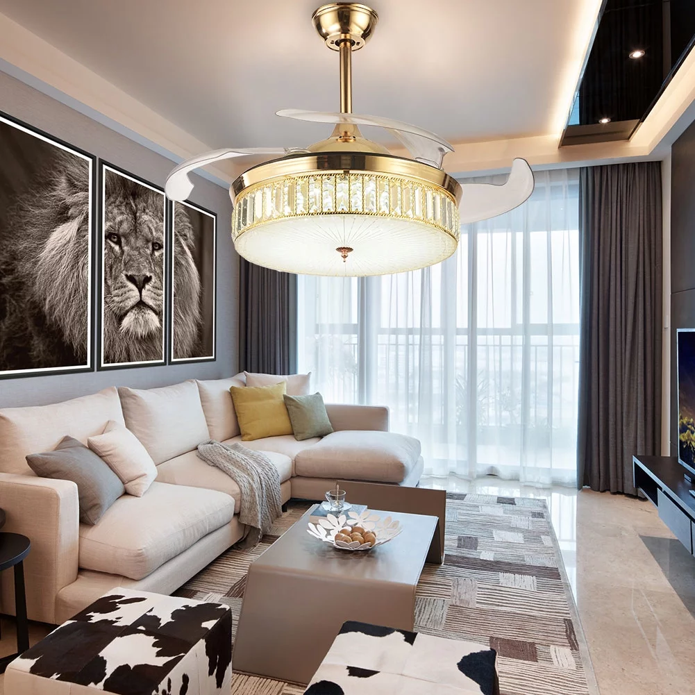 42 inch Indoor Ceiling Fan with Light, Modern 4 Blades Retractable Drum Chandelier Ceiling Light Fixture for Living Room Bedroom Gold