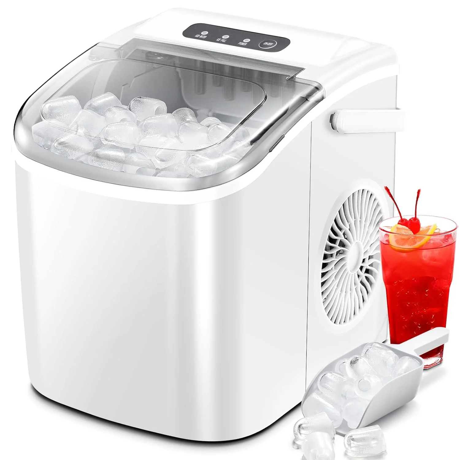 Ice Makers Countertop with Self-Cleaning, 26.5Lbs/24Hrs, 9 Cubes Ice Ready in 6 Mins, Portable Ice Maker with Ice Scoop/Basket for Home/Kitchen/Office/Bar, White(with Handle)