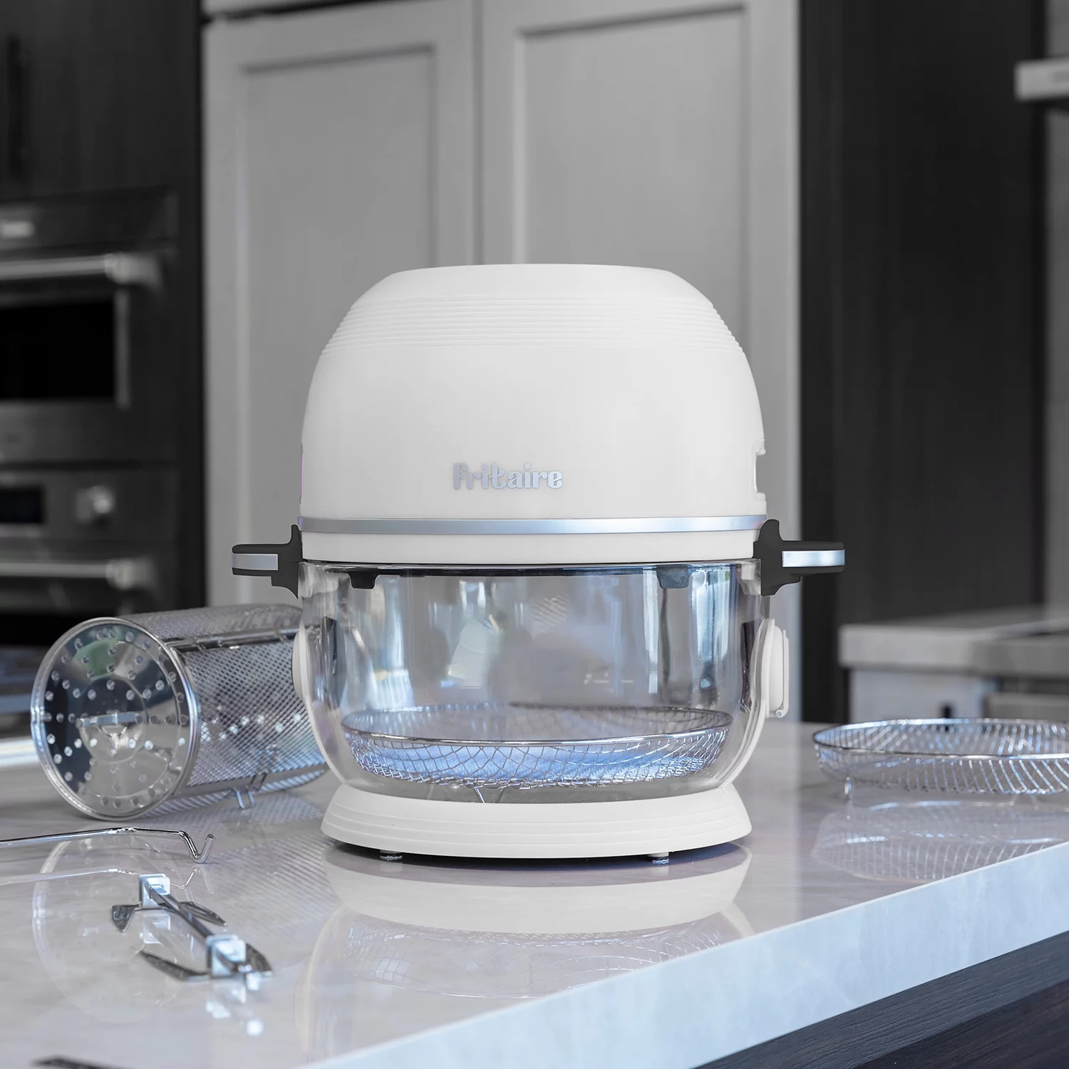 Fritaire, Self-Cleaning Glass Bowl Air Fryer, 5 Qt, 6 One-Touch Functions, BPA/Teflon Free, White