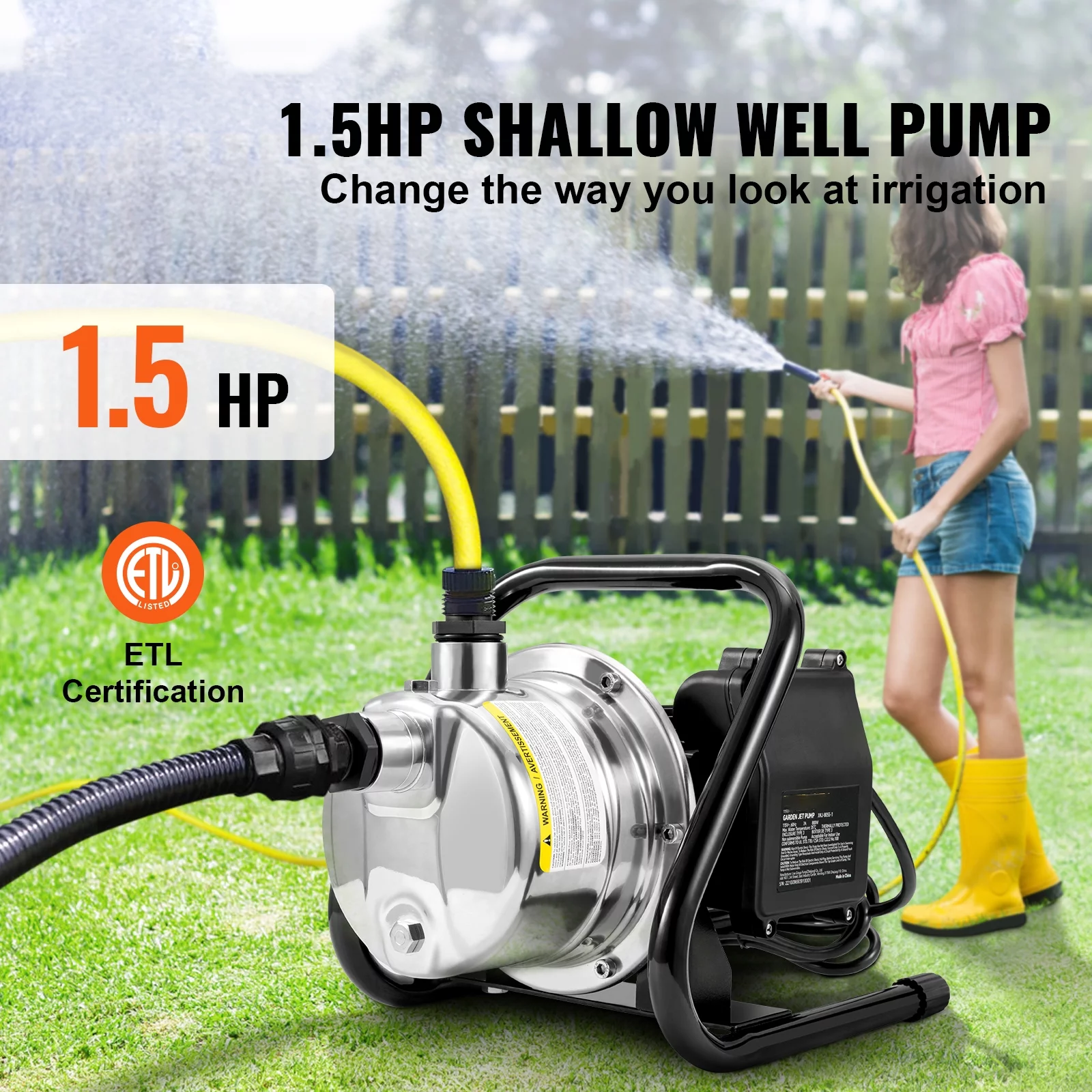 BENTISMShallowWell Pump, 1.5 HP 115V, 1200 GPH 164 ft Height, 87 psi Max Pressure, Portable Stainless Steel Sprinkler Booster Jet Pumps for Garden Lawn Irrigation system, Lake Fountain, WaterTransfer