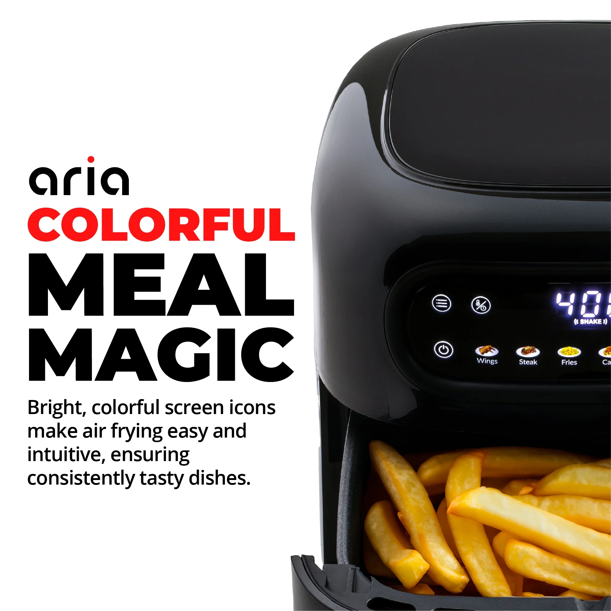 Aria 5Qt Air Fryer Compact Design with 6-In-1 Cooking Presets and Colorful Menu Icons
