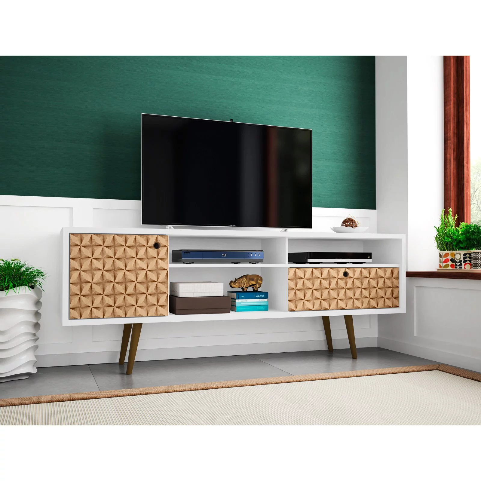 70.86' Mid Century - Modern TV Stand with 4 Shelving Spaces and 1 Drawer, White, Brown