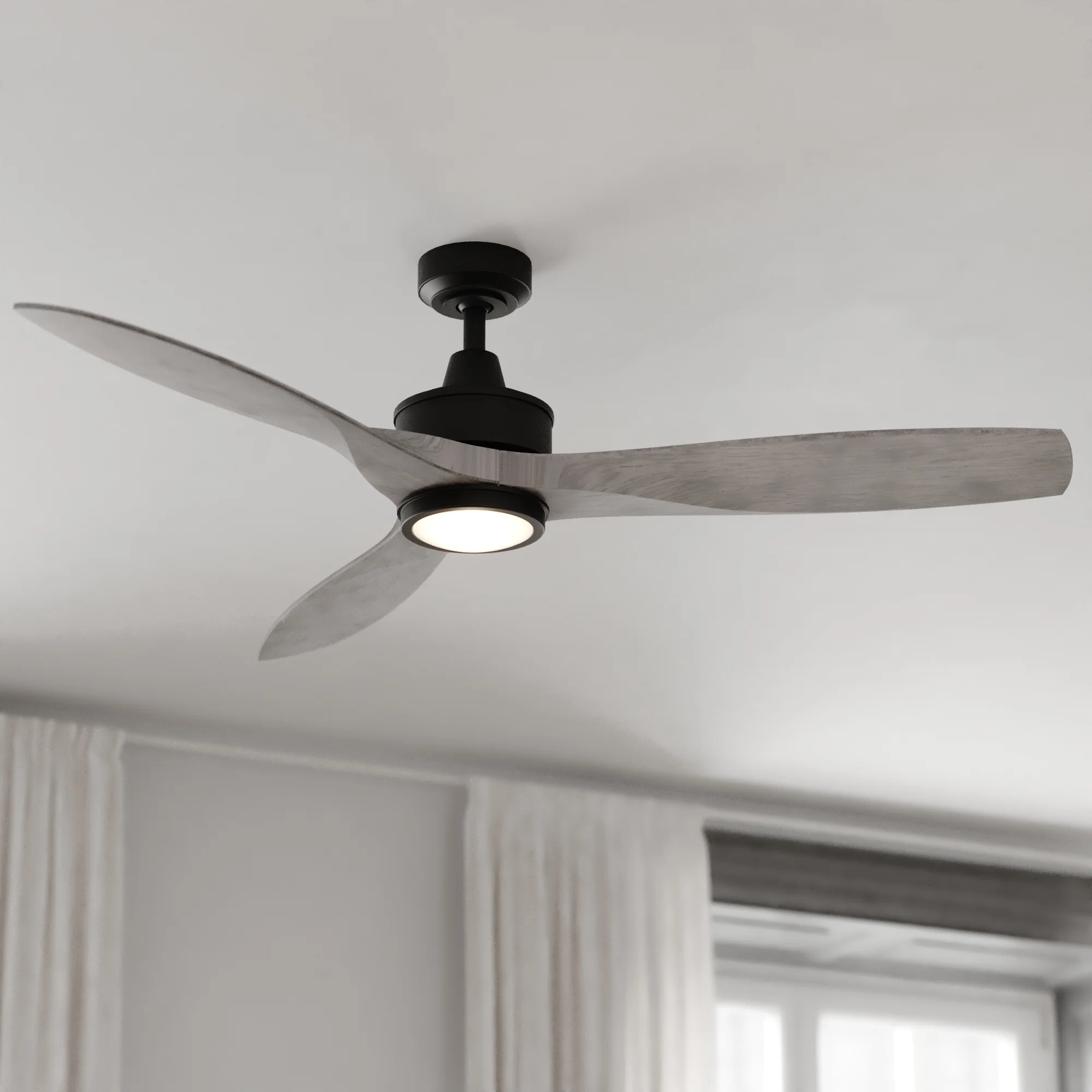 Curtiss 52-in. Black Contemporary Indoor Outdoor Propeller Ceiling Fan with Wood Blades, Integrated LED Light Kit and Remote