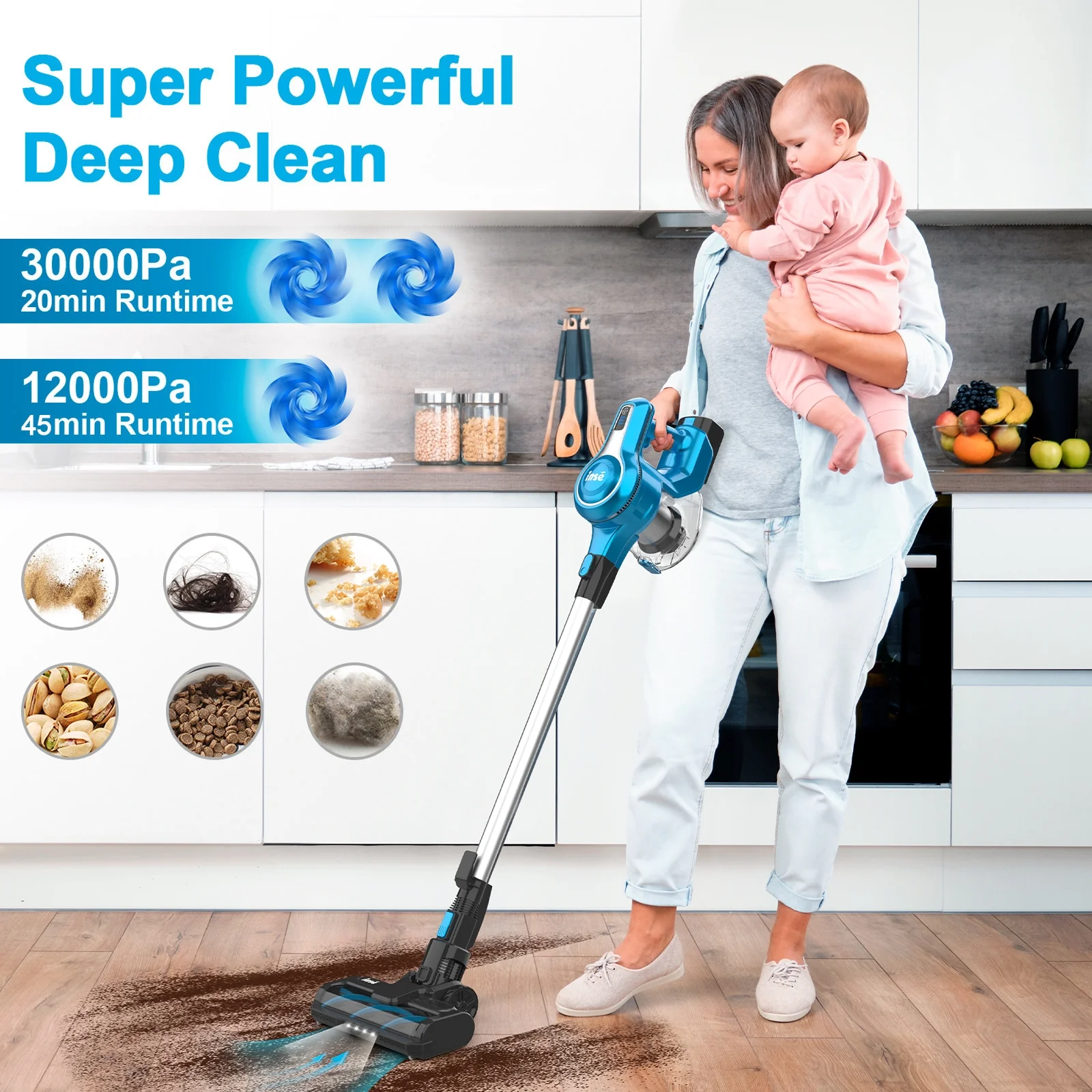 INSE Cordless Vacuum Cleaner, 30kPa 300W Powerful Suction Stick Vacuum up to 45min Runtime, Rechargeable Battery Vacuum, 8-in-1 Lightweight Vacuum for Carpet Hard Floor Pet Hair