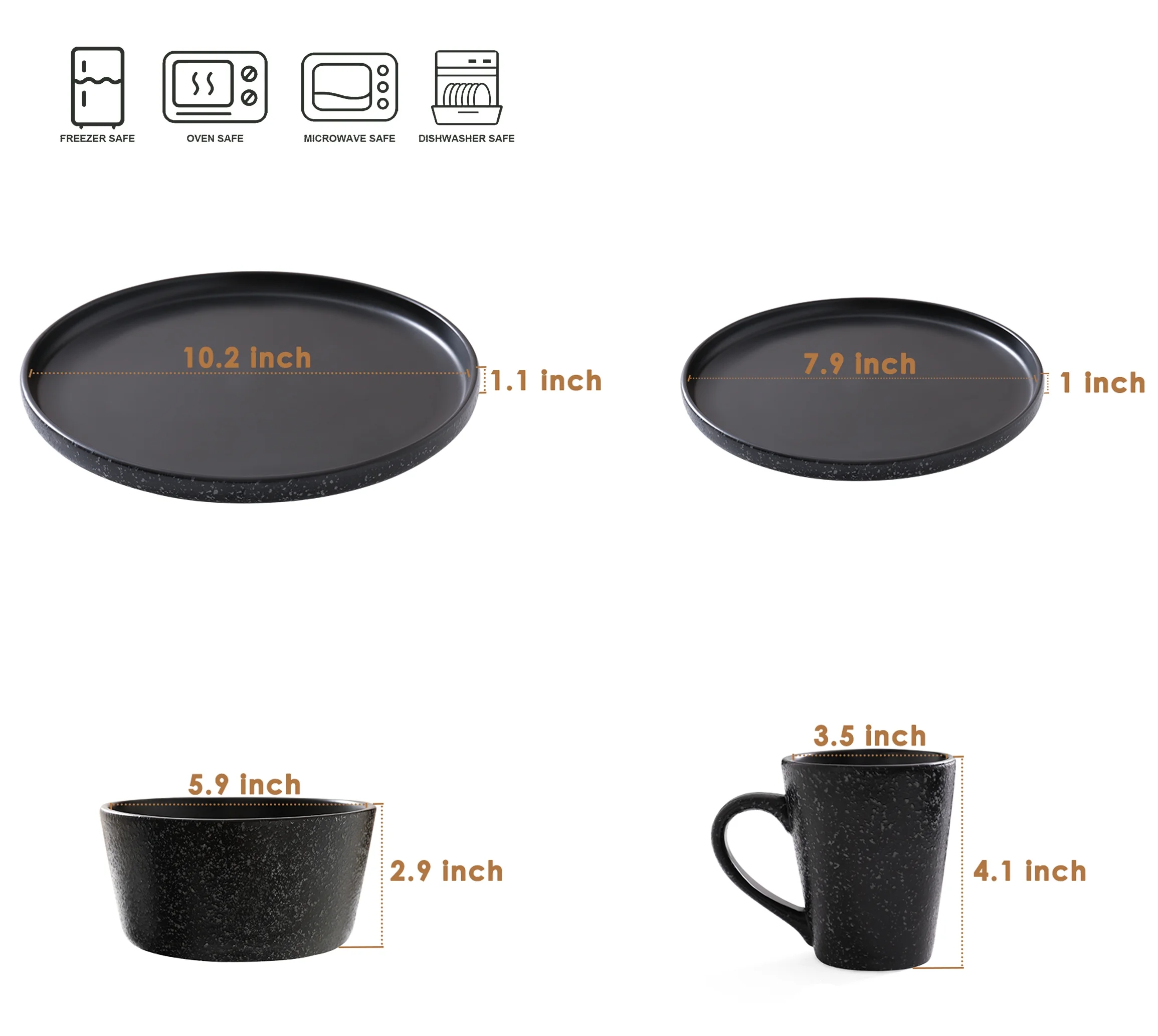 Bestone 16 Piece Stoneware Round Dinnerware Set, Chip Resistant, Dinnerware Sets, Plates, Dishes, Bowls, Service for 4, Black Matte