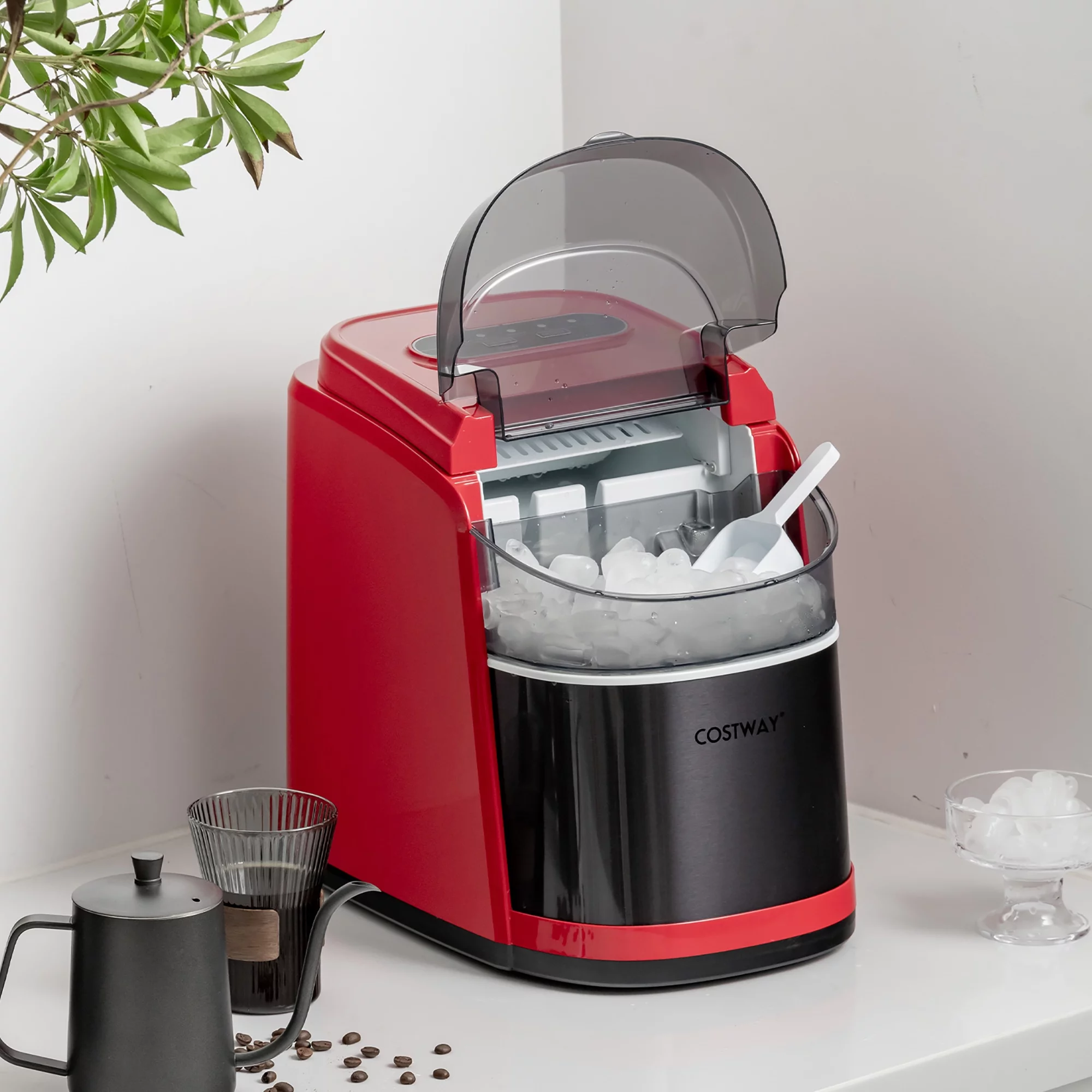 Costway Countertop Ice Maker 26.5lbs/Day Self-Cleaning Machine with Flip Lid Red