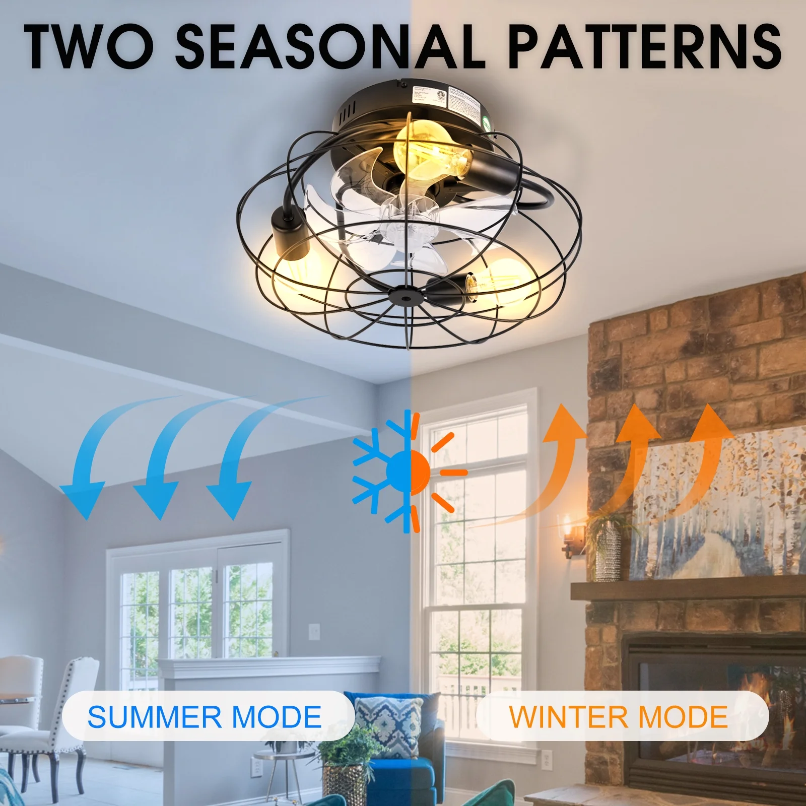 Energetic 16' Industrial Indoor Caged Ceiling Fan with Light and Remote, Timmer 6-Speed DC Motor, 7 Blades and Reverse Airflow, 3 Lights E26 Base, Black
