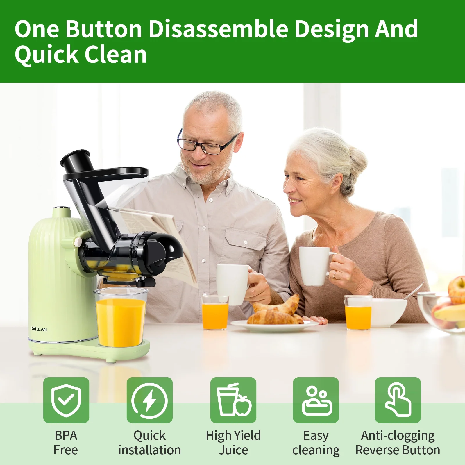 Juicer Machine, Katulan Slow Masticating Juicer, Reverse Function, High Juice Yield Cold Press Juicer Machine for Fruits and Vegetables, Green