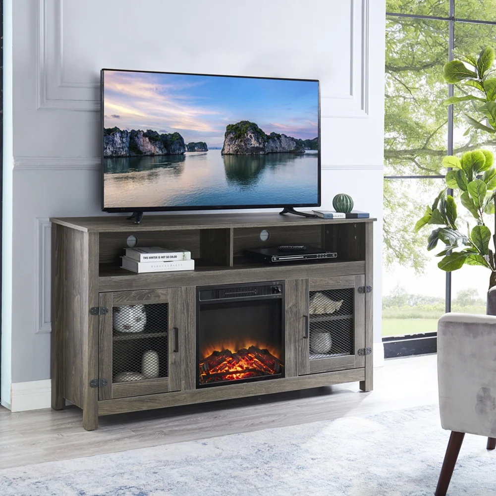 Fulvari Modern Farmhouse TV Stand for Television up to 65' Entertainment Center With Electric Fireplace Storage Cabinet and Adjustable Shelves for Living Room Bedroom